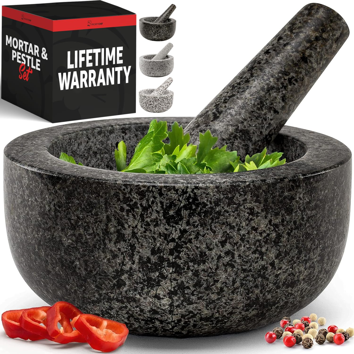 Heavy Duty Large 1.5 Cup Mortar and Pestle Set, 100% Natural Granite, 5.5 Inch Diameter Bowl, 6.2 Inch Pestle, Non-Slip Base, Stone Grinder for Guacamole Salsa Pesto Herbs Spices, Black