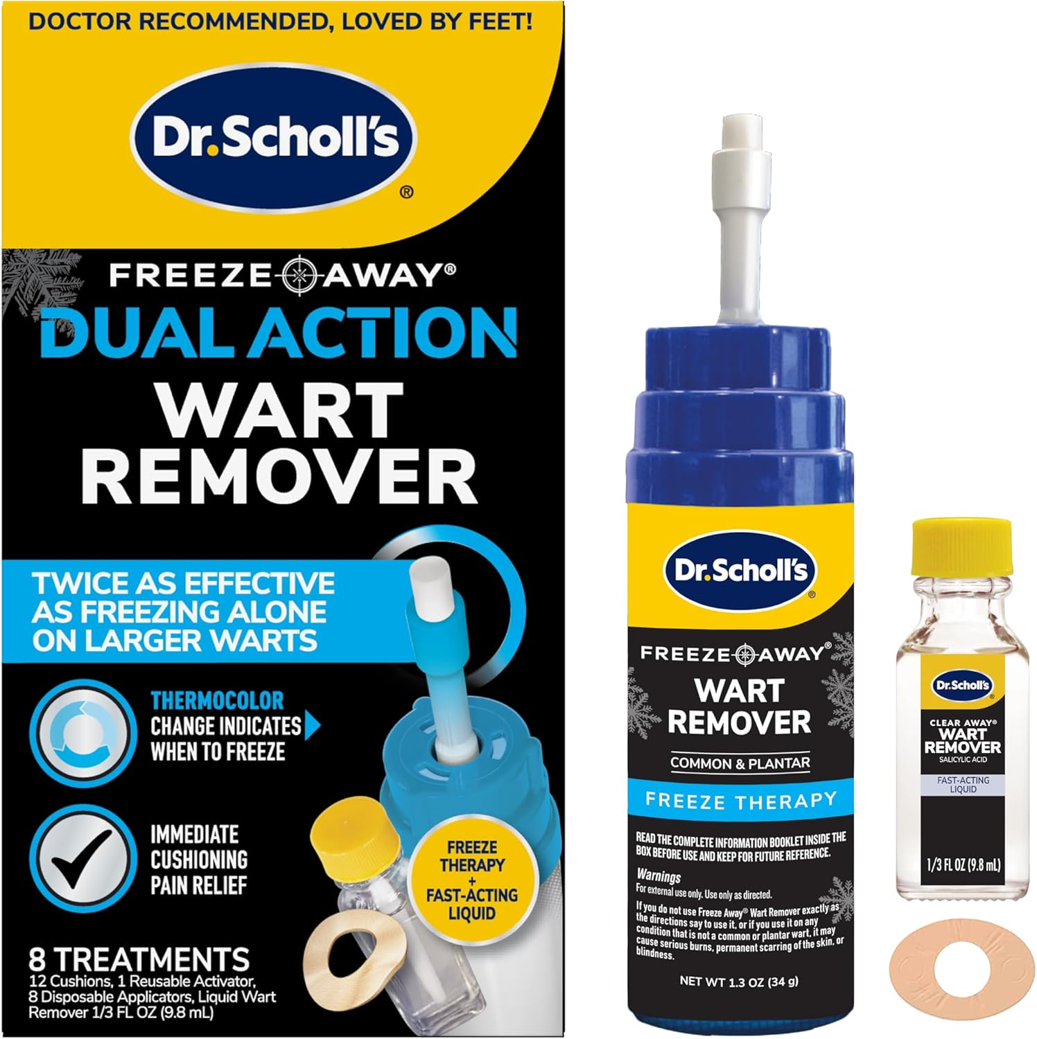 Dual Action Freeze Away Wart Remover, 8 ct – Twice as Effective as Freezing Alone on Larger Warts, Fast-Acting Treatment for Common and Plantar Wart Removal, Safe to Use on Kids Ages 4+