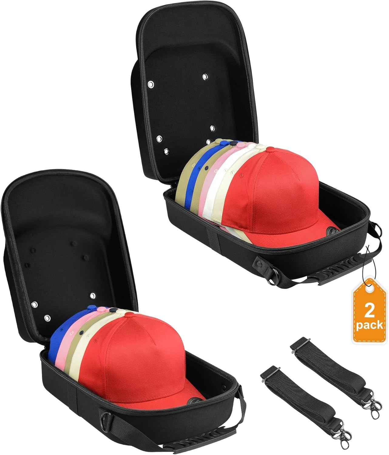 Set of 2 Hard Hat travel Cases for Baseball Caps - Hat Storage Organizer Holder with Handle, Shoulder Strap and Trolley Sleeve, Protect up to 10 Hats for Outdoor and Home Storage, Black