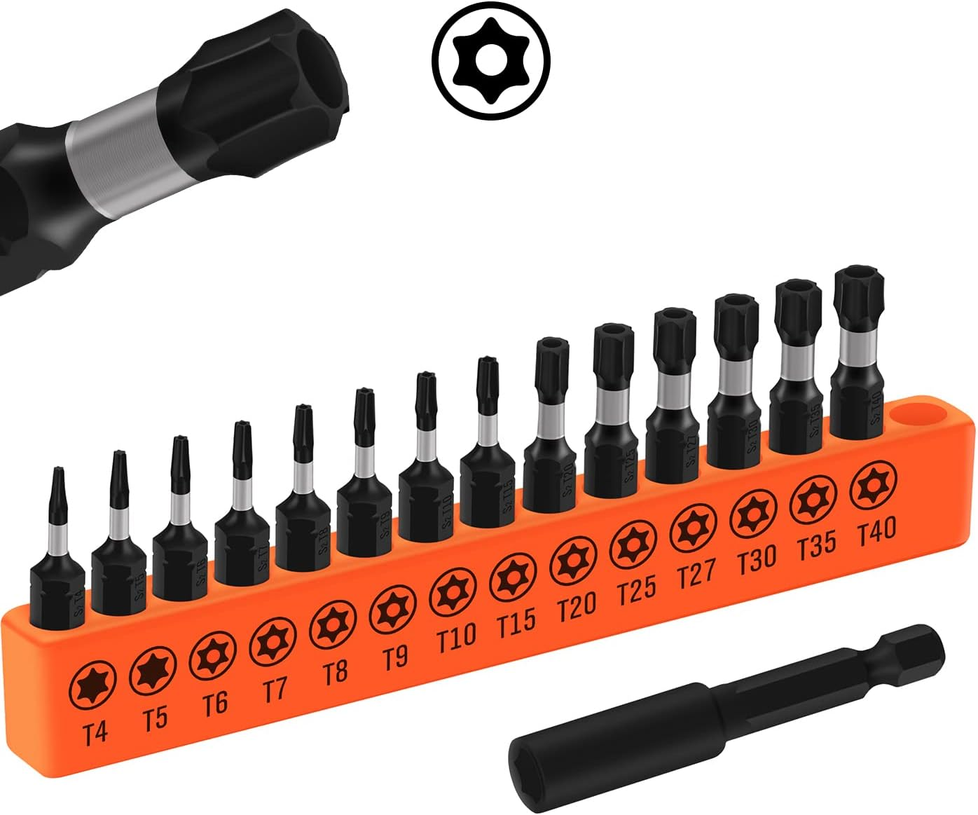 HORUSDY 15-Piece Torx Head Screwdriver Bit Set, T4-T40 Tamper Proof Security 6-Point Start Bit, Impact 25Mm Long Hex Shank Torque Sleeve with Magnetic Bit Holder