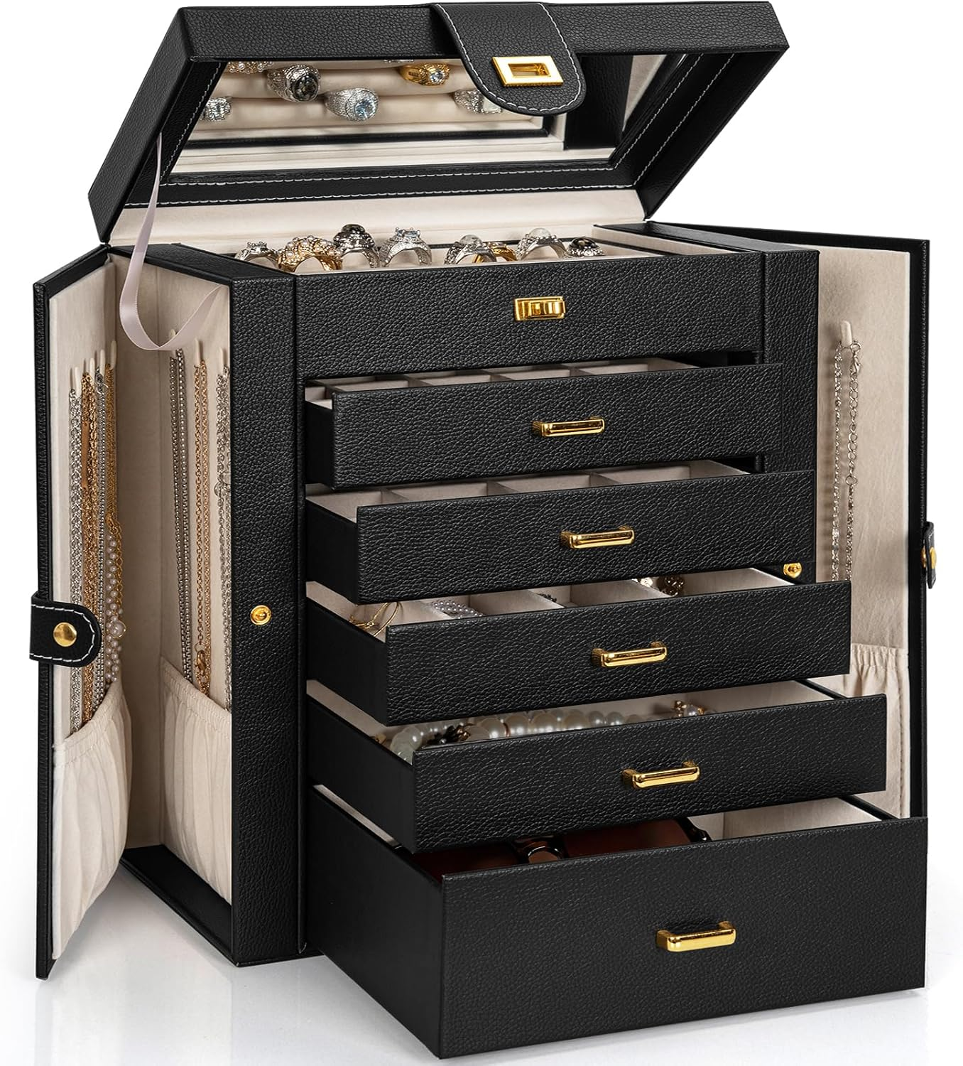 Large Jewelry Box Organizer Functional Lockable with Big Mirror, Leather Jewelry Storage Case for Women Girls Ring Necklace Earring Bracelet Holder Organizer