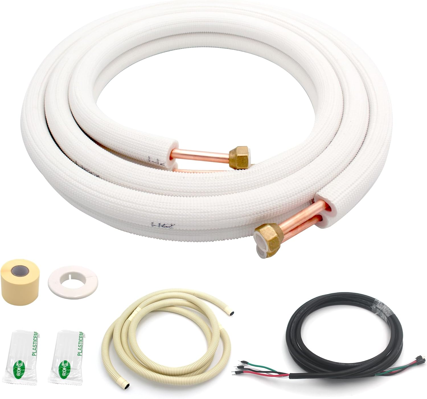 10FT Mini Split Line Set 1/4" & 3/8" O.D Copper Pipes Tubing and 3/8" White Thickened PE Insulation Coil, for Mini Split Air Conditioning or Heating Pump Equipment and HVAC with Flared Nuts.