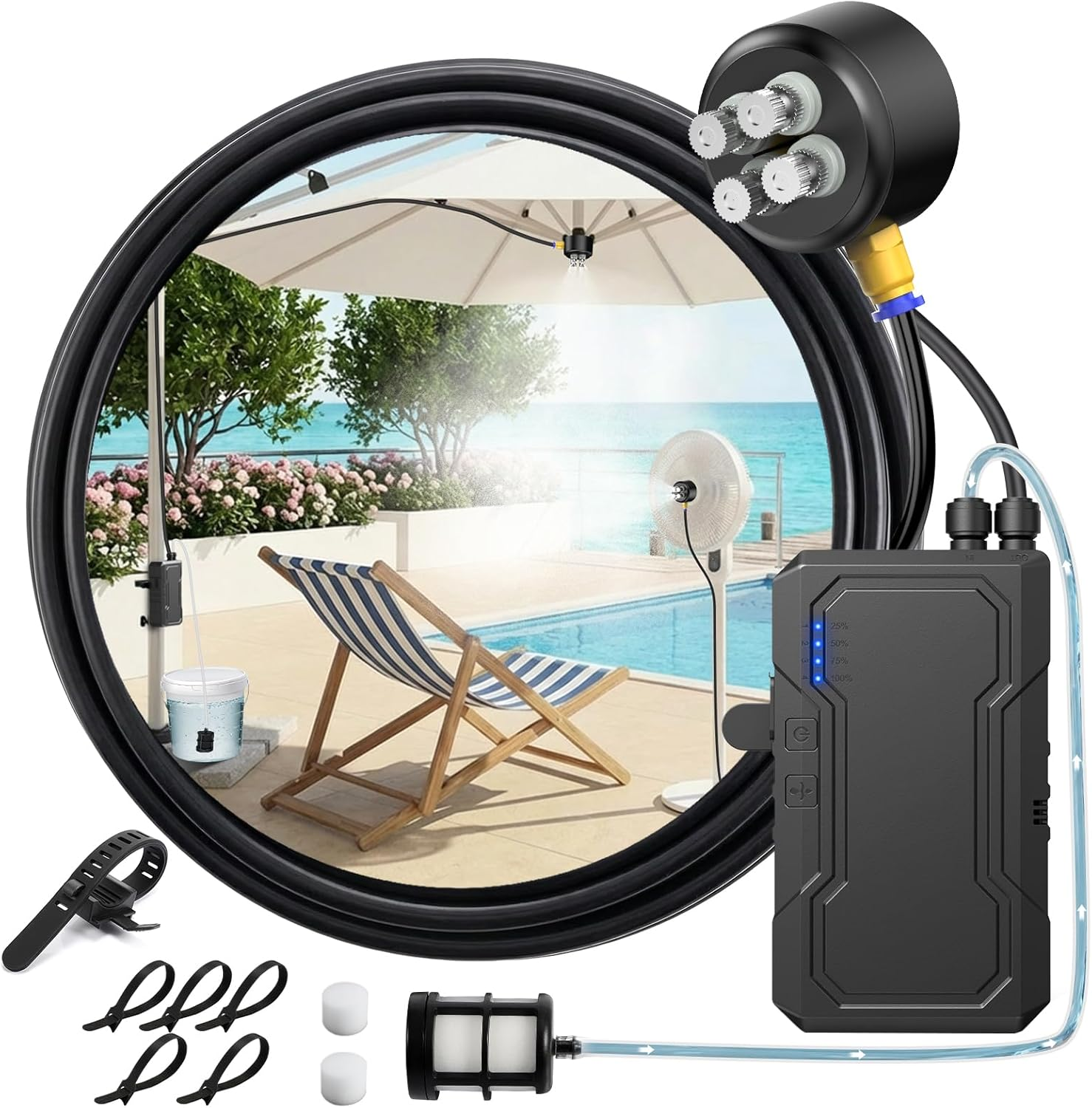 Portable Misting System with Water Pump, 6000Mah Outdoor Misters for outside Patio, Magnetic Water Cooling Fan Misters Set for Patio, Industrial Fan, Canopy, Sports, Greenhouse, Beach, Dugout, Camping