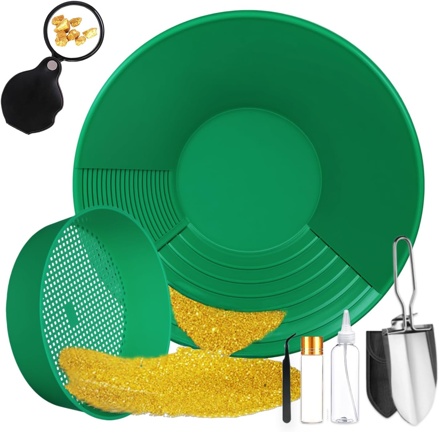Goldwaschpfanne Set Kunststoff Goldpfanne Für Goldwaschen Goldsucher 7 Stück Mit Gold Wash Sieve Goldwannenbecken 38.5CM Für Nugget Bergbau Wanne Manuelle Goldwaschanlage Ausgräbt (Green)