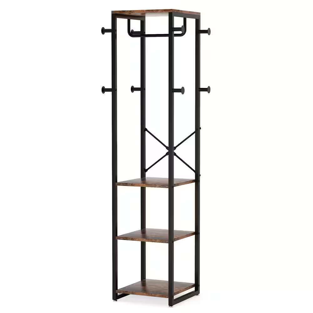 Cynthia Brown Coat Rack with 3 Shelves, 8 Hooks and 1 Hang Rod