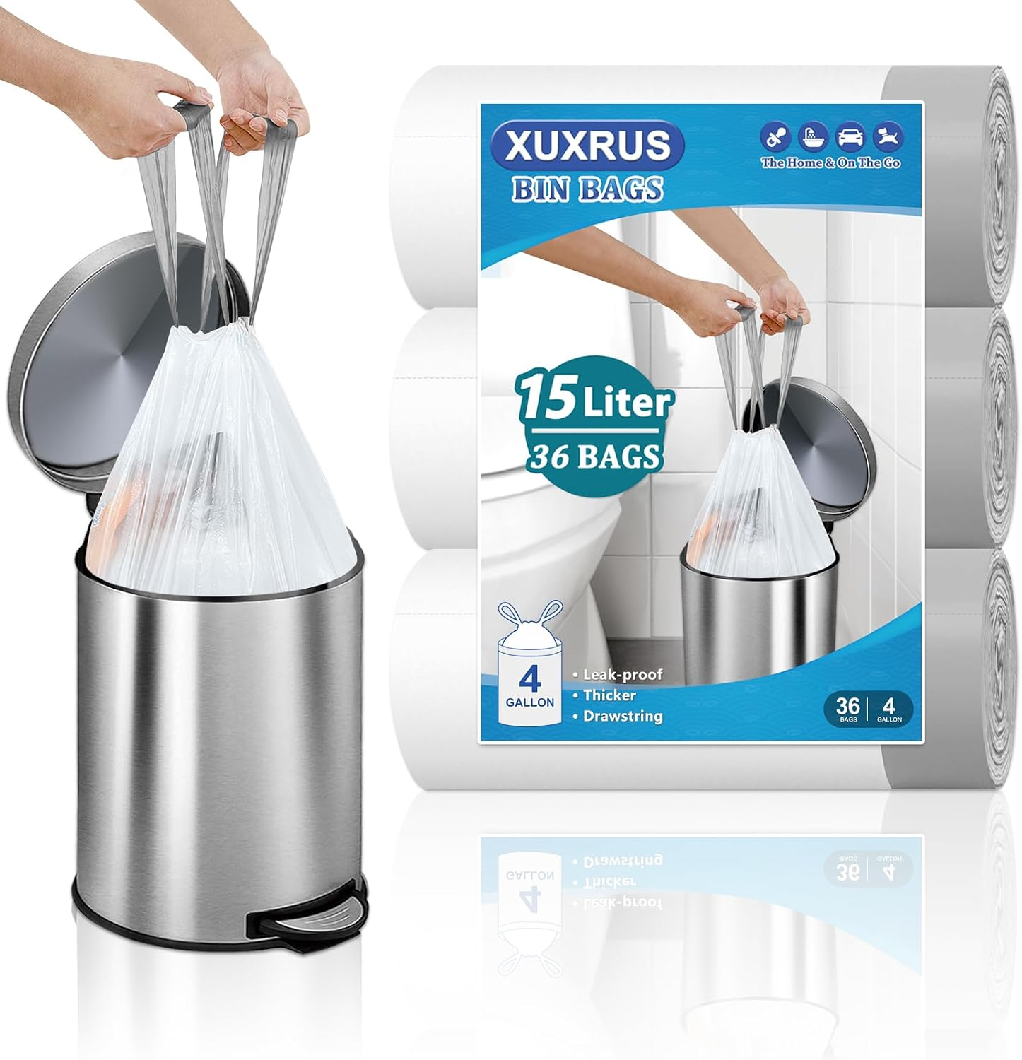 XUXRUS 15L Small Bin Bags with Drawstring, White, Leak-Proof, 36 Count