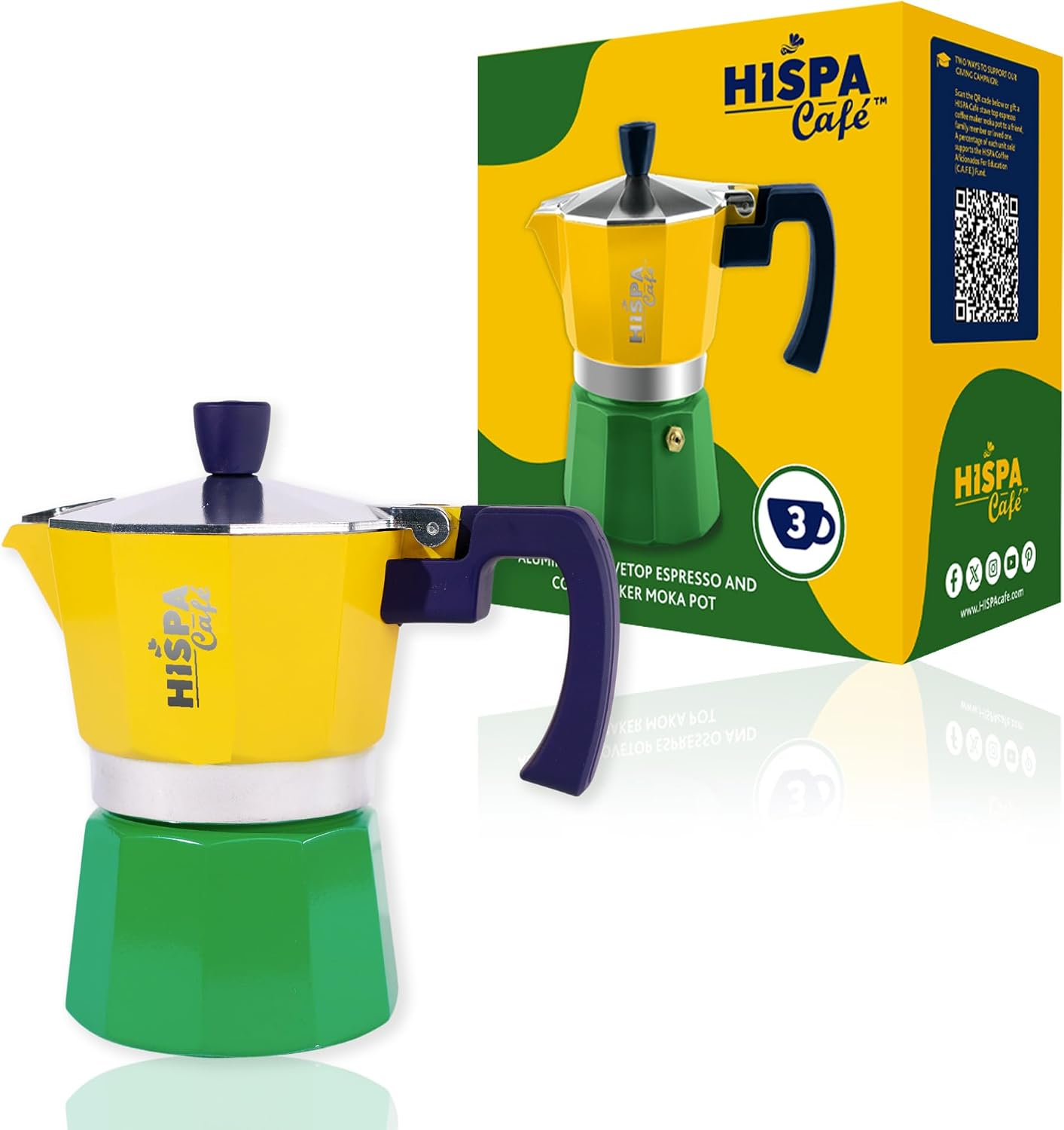 Stovetop Espresso Coffee Maker Moka Pot, 3 Espresso Cups (6 Oz.), Aluminum, Silver, Green, Blue and Yellow, Brazil Themed, Cafeteira, Cafetera