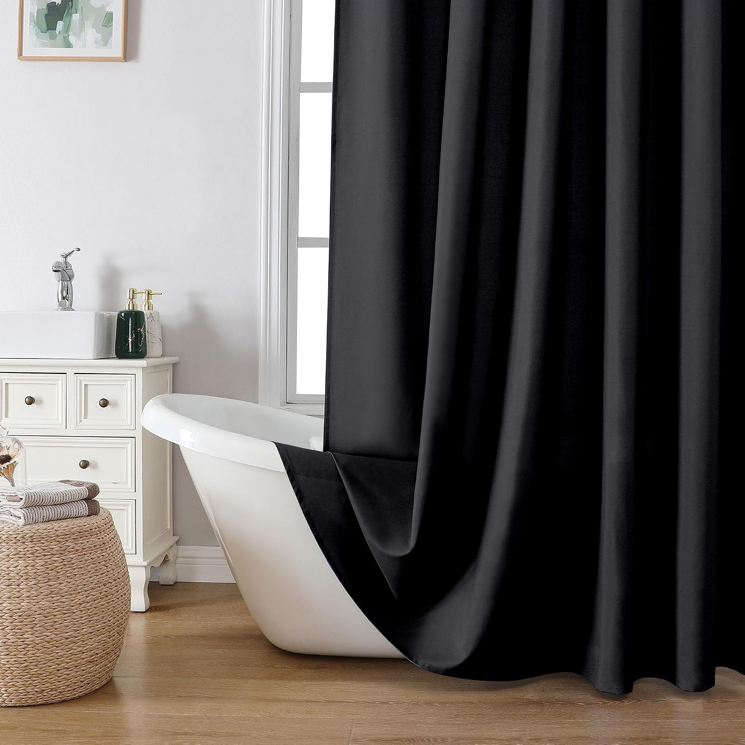 Cortina de Bano Zora Negro Solido Tela Calidad de Hotel con 12 Ganchos 72Wx72L