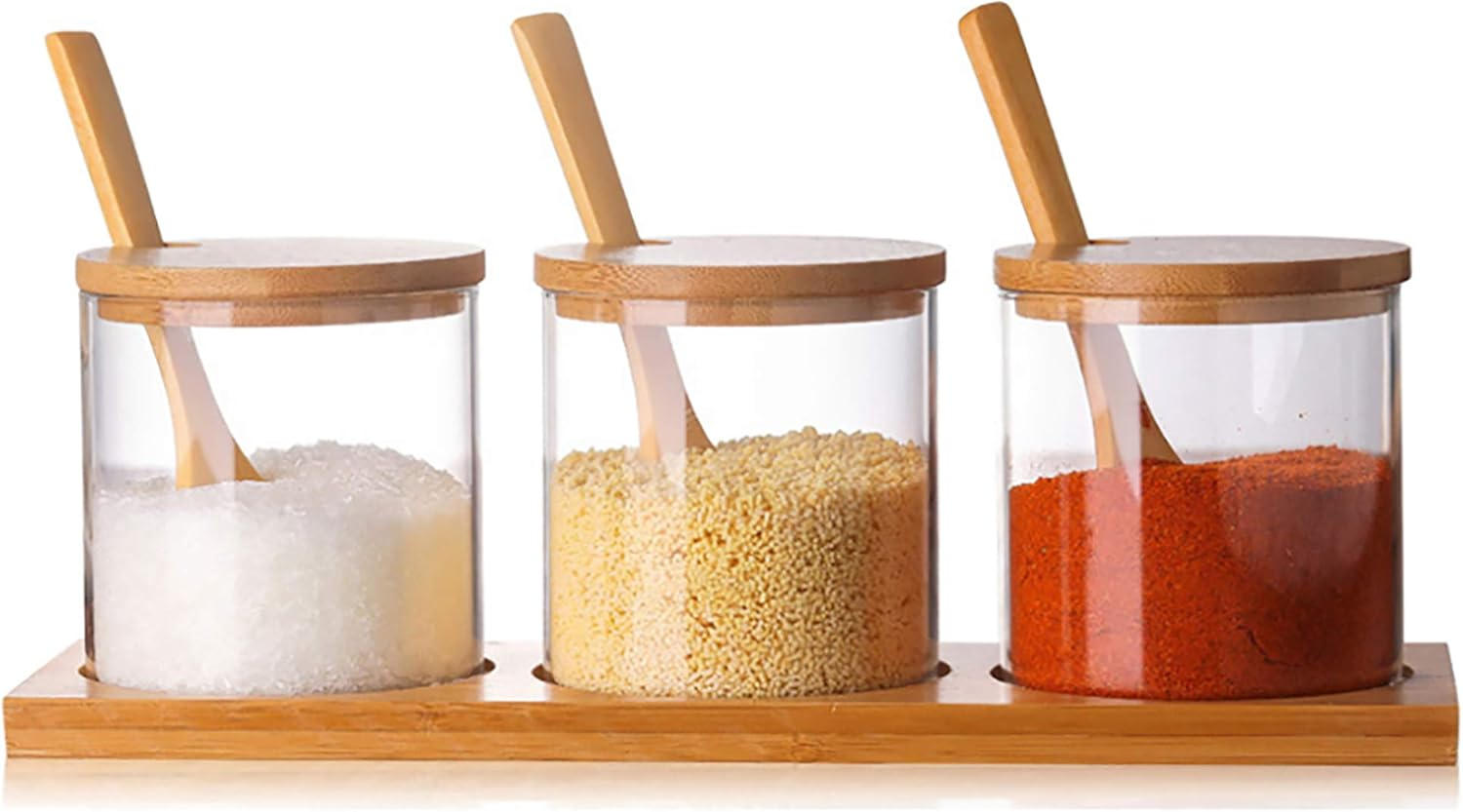 3 PCS Stylish Simple Condiment Canisters Pots Set, Decorative Storage Seasoning Glass Container Box with Bamboo Spoon Lid and Base for Home Kitchen Café Storing Salt Sugar Pepper Spice