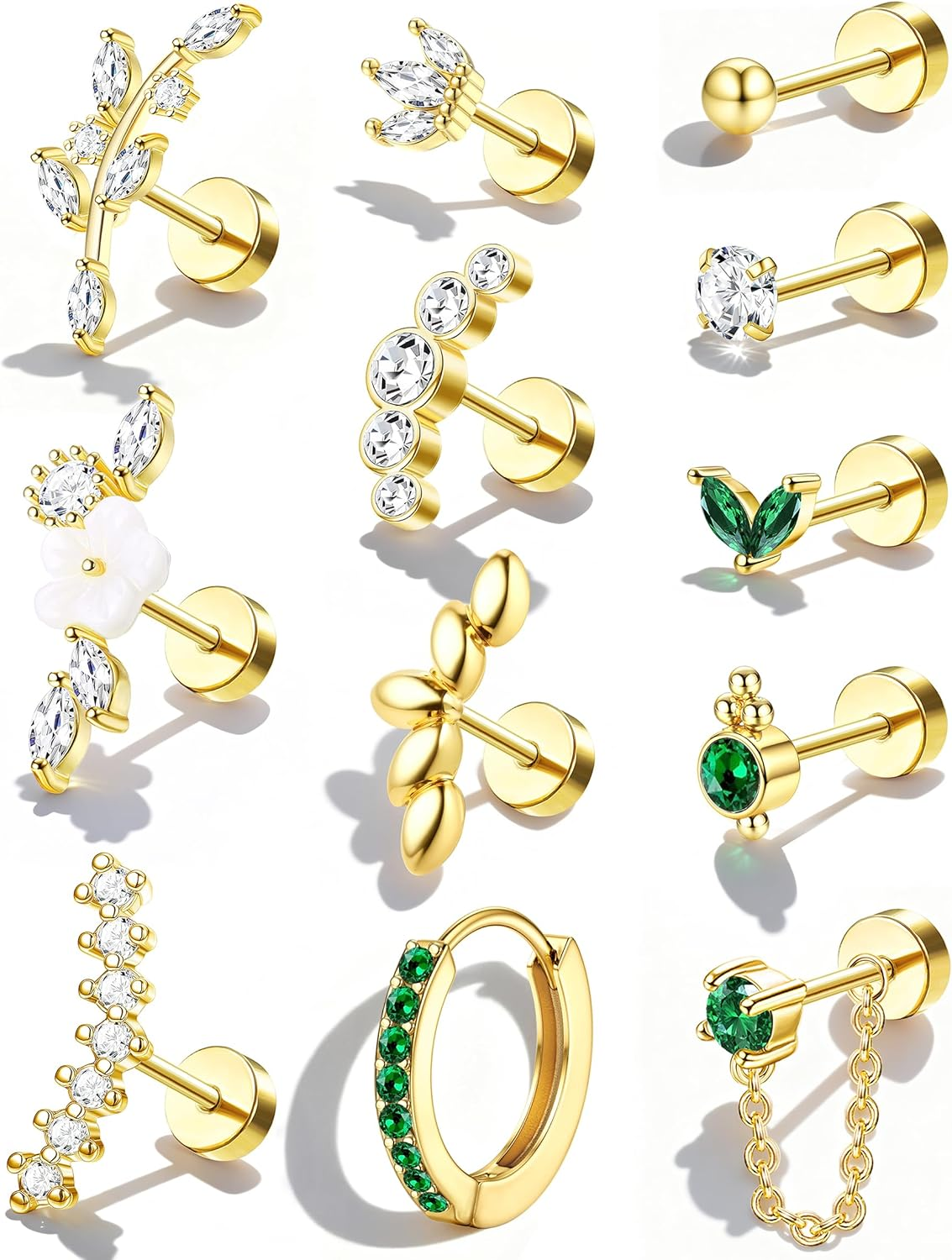 16 Gauge Cartilage Earrings for Women Flat Back Hypoallergenic Surgical Steel Stud Hoop CZ Dangle Chain Cartilage Earring Set Stack Daith Conch Tragus Helix Piercing Jewelry Single PC