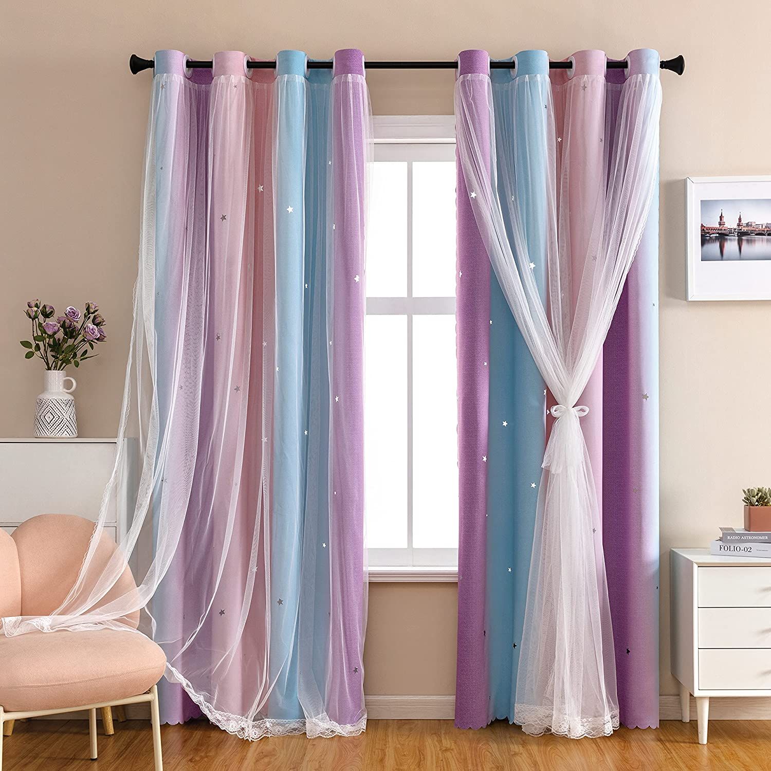 Dream Star Blackout Curtains for Kids Girl Princess Bedroom Window Pink Purple