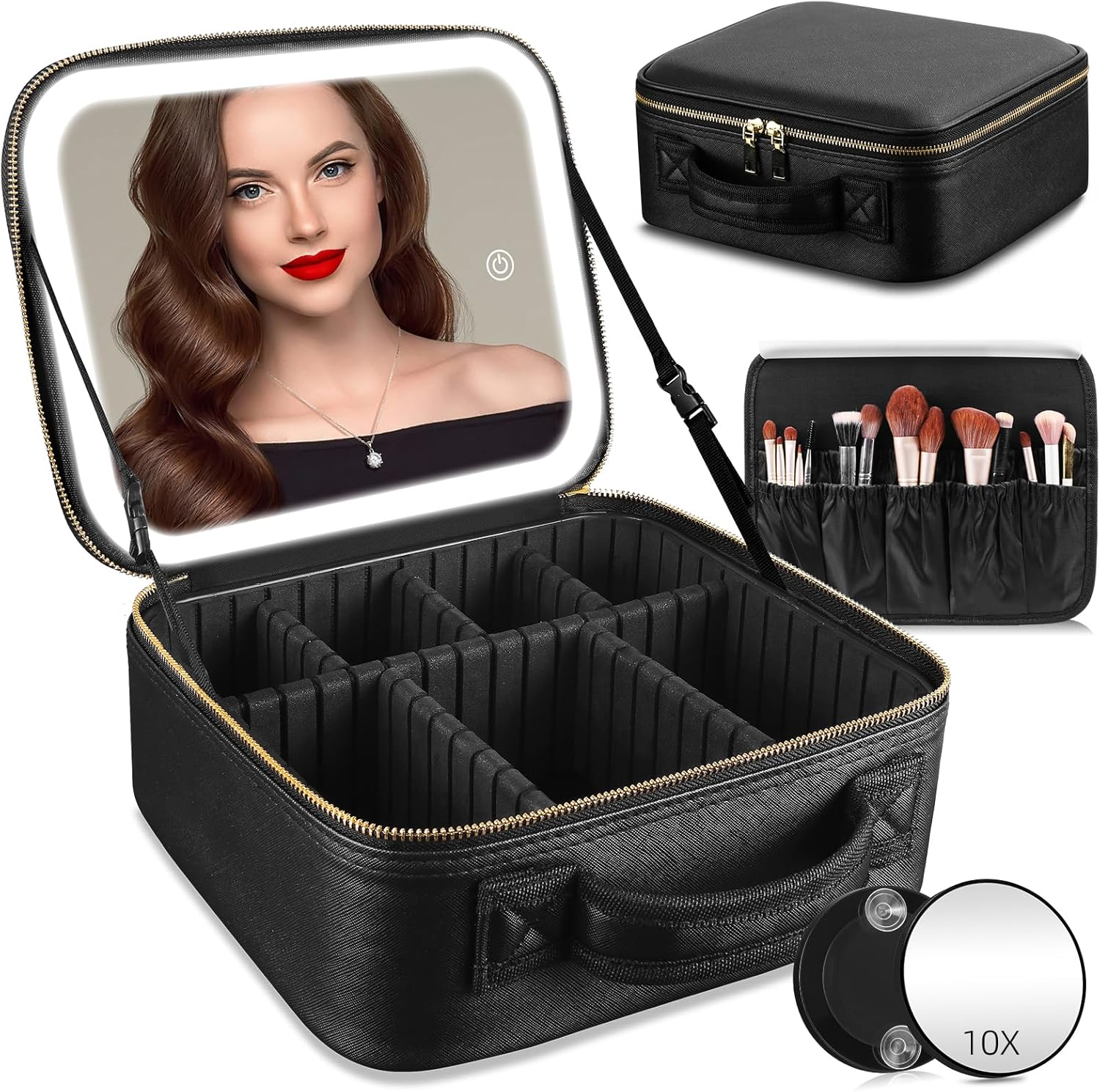 Bolsa Maquillaje Viaje con Espejo LED Lupa 10x Divisores Ajustables Organizador