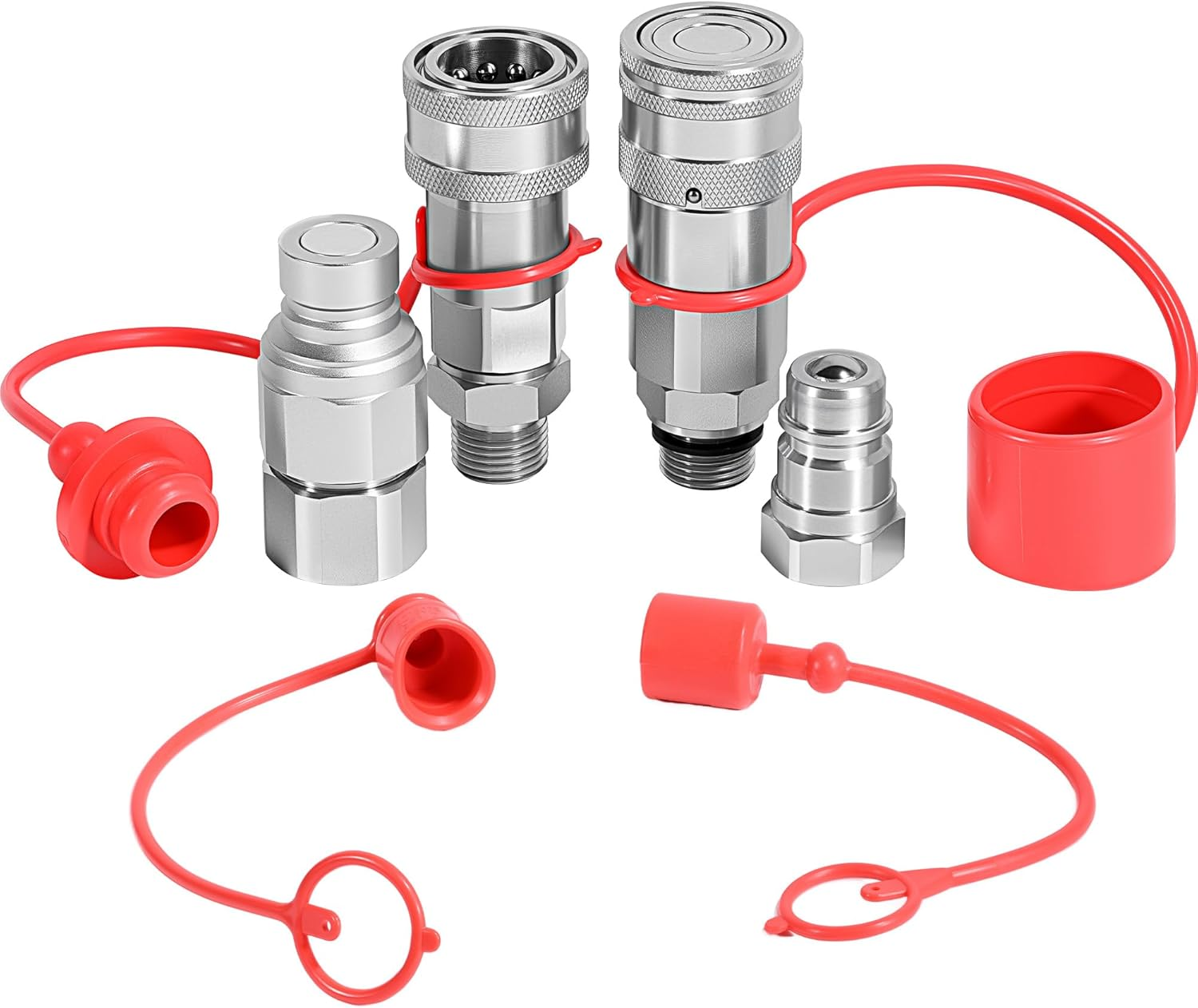 1/2" Flat Face Hydraulic Quick Connect Couplers, ISO 16028 to Ag ISO 5675 Pioneer Style Coupling Adapter Set, Skid Steer Hydraulic Quick Connect Fittings for Tractor with Dust Caps