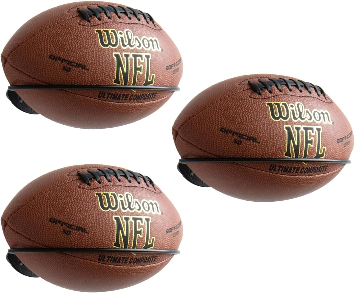 Sporta Ball Storage Rack Wall Mount Set of 3, Football Stand for Boys Room Decor and Man Cave Decor, Black Ball Holder for Sports Memorabilia, Steel
