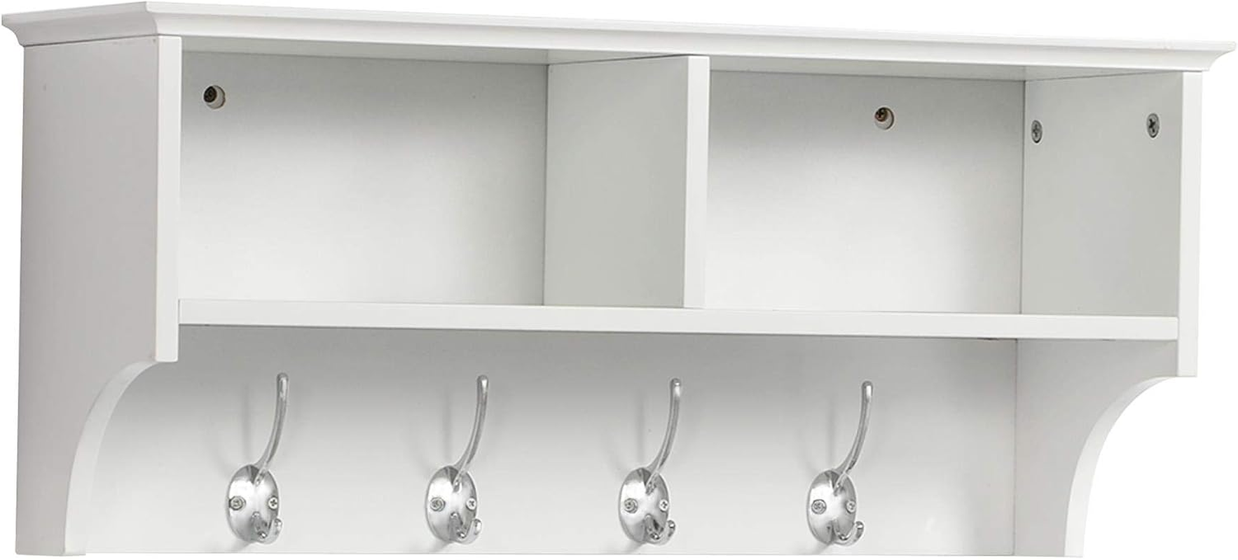 Wall Mounted Coat Rack with Hooks & Storage Shelves, White