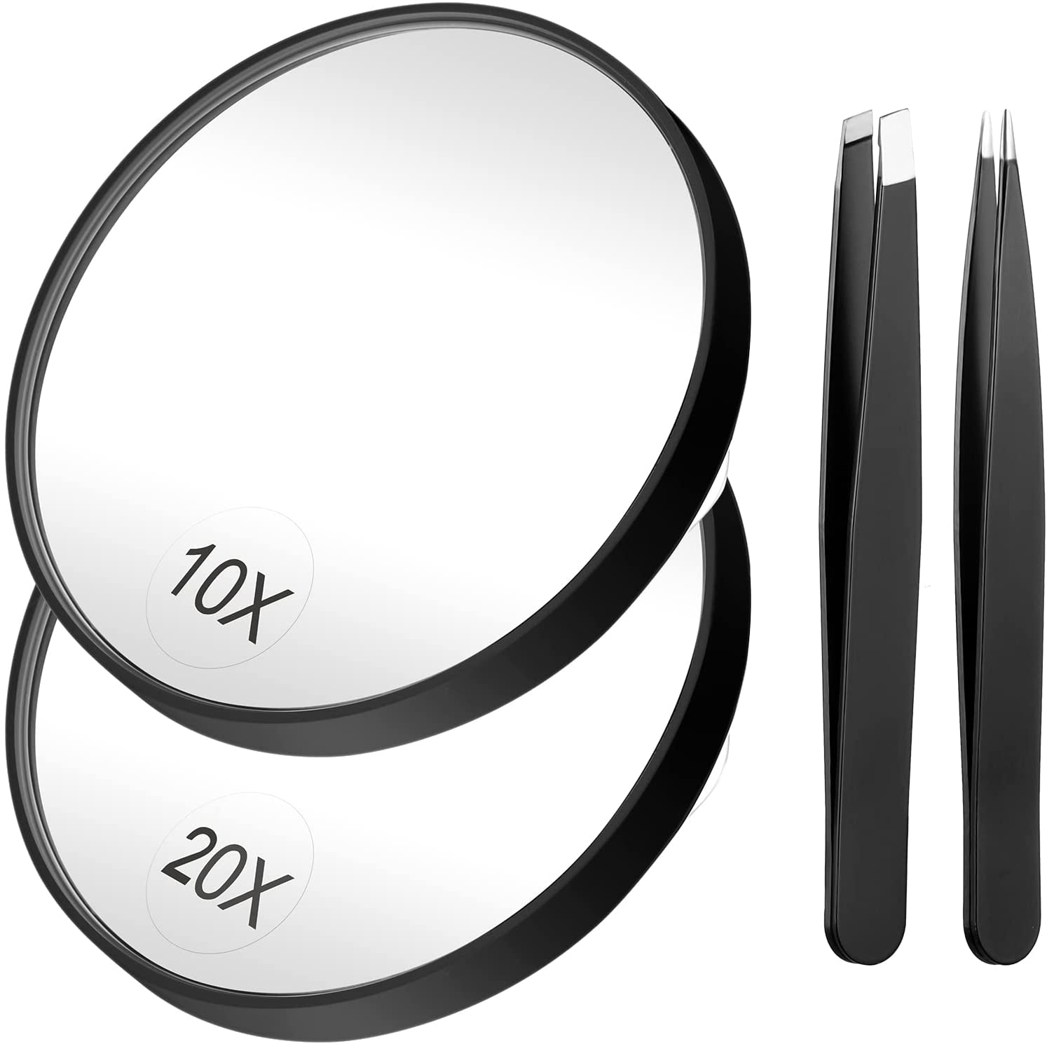 Funtopia Magnifying Mirror, 3.5 Inch 20X Mirror & 10X Magnifier Mirrors with 2 Suction Cups, Small Travel Magnifying Mirror and Tweezers Kit for Eyebrow Tweezing, Blackhead Blemish Removal (Black)