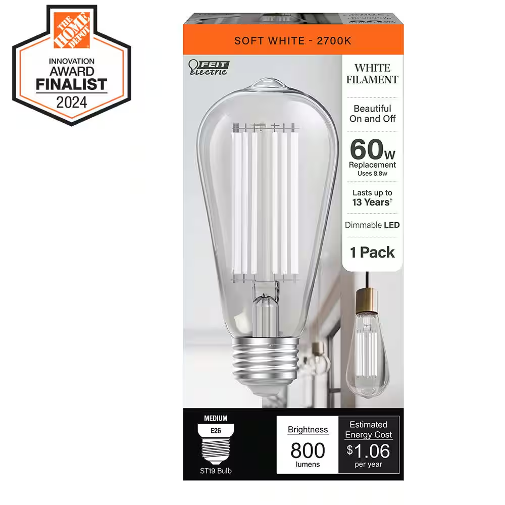 60-Watt Equivalent ST19 Dimmable White Filament Clear Glass E26 Vintage Edison LED Light Bulb, Soft White 2700K