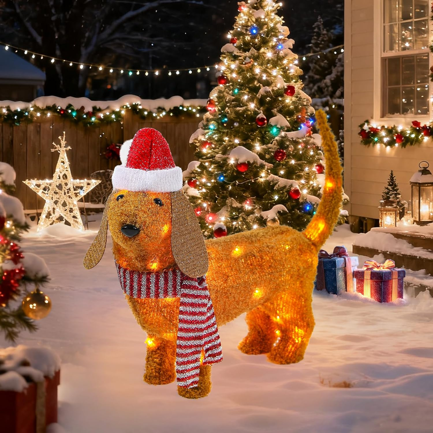 Christmas Lighted Dog Outdoor Decoration, 2.3 FT Pre-Lit 3D Plush Tinsel Dachshund Wiener Dog Decor with Santa Hat & Scarf, 45 LED Lights Light up Xmas Eve Displays for Holiday Indoor Lawn Garden Yard