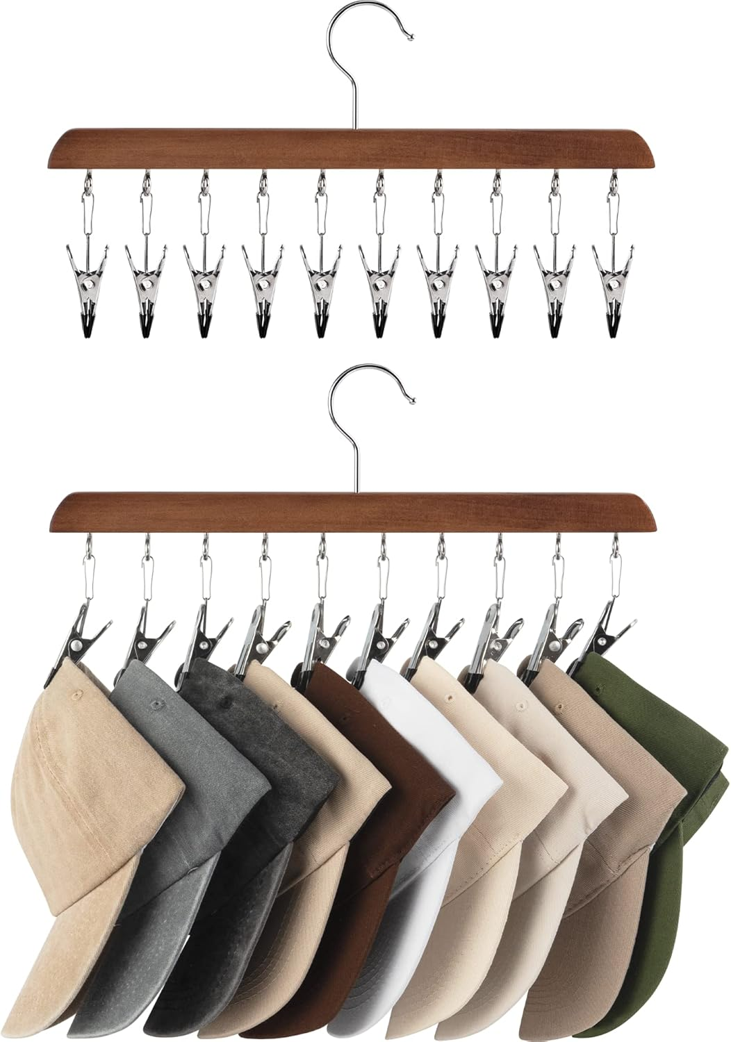 Hat Rack, Closet Organizer and Storage for Baseball Caps,Set of 2 with 10 Adjustable Stainless Steel Clips, Fits All Caps, Natural Walnut Color
