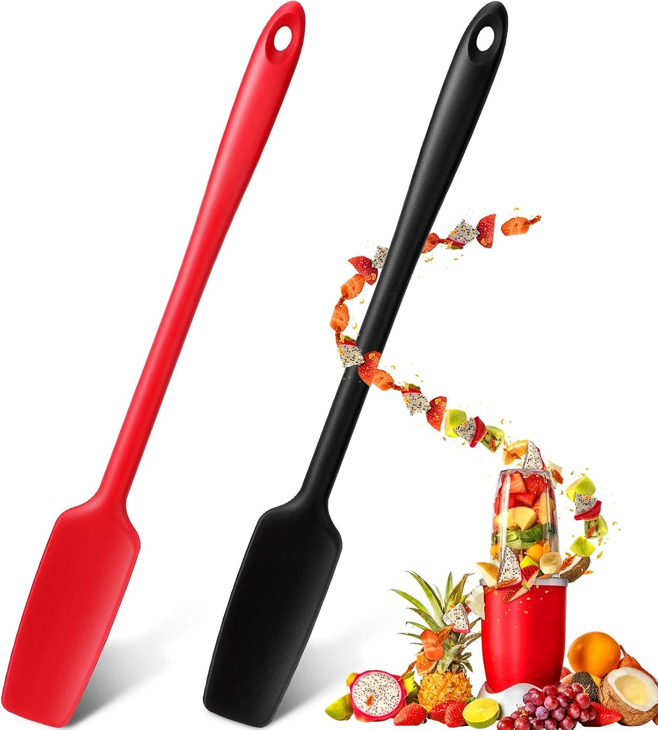 Long Handle Silicone Jar Spatula Kitchen Scraper Spatula Non-Stick Rubber Silicone Scraper for Jars, Smoothies, Blenders Cooking Baking Stirring Mixing(Red, Black,2 Pieces)