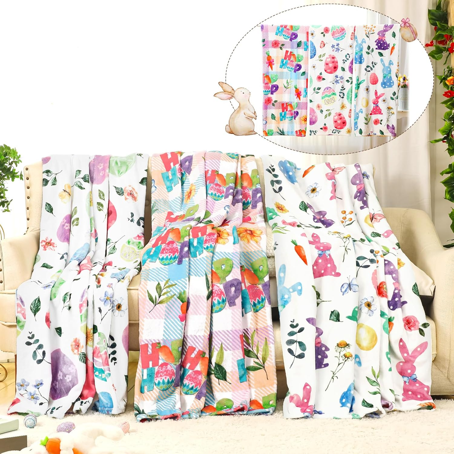 Easter Throw Blanket Set - 3 Pcs Colorful Bunny Flannel 50x60 Inch Cozy Gift