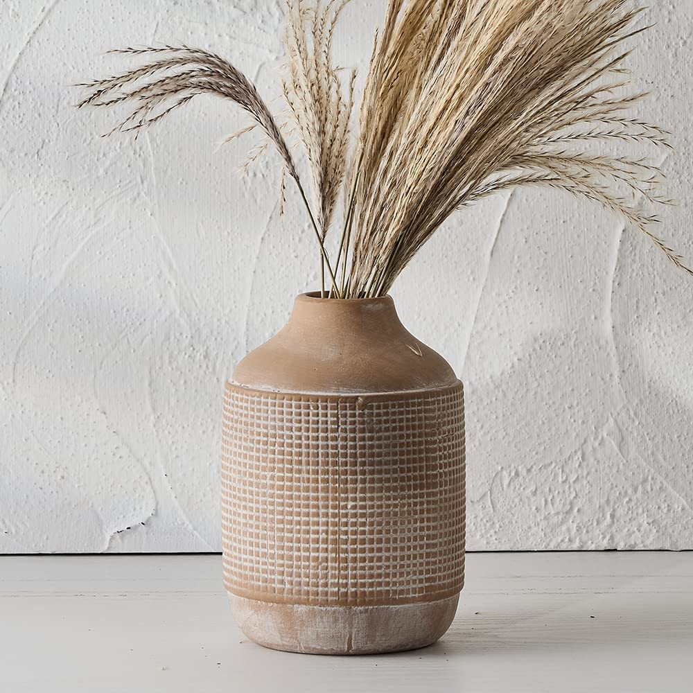 Ceramic Rustic Farmhouse Vase, Sand Glaze Finish Boho Pottery Decorative Flower Vase for Home Decor, Table, Living Room Decoration, Shelf Mantel, 7 Inch, Beige