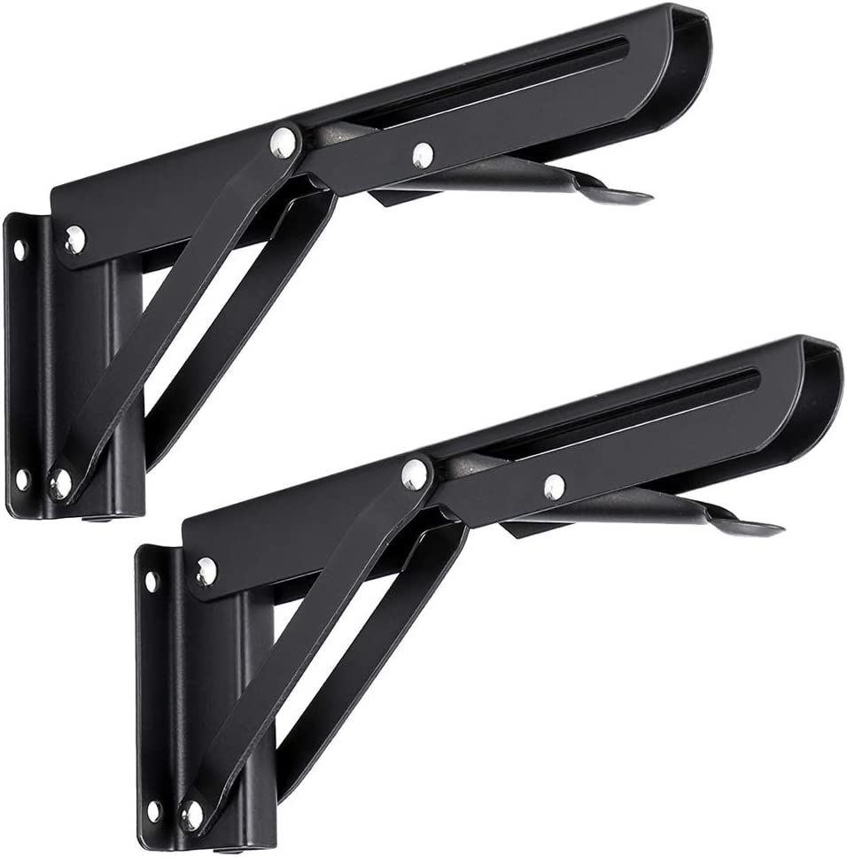 Sturdy Folding Shelf Brackets - Heavy Duty Black Metal Triangle Table Bench Folding Shelf Bracket 8 Inch, 2 Pcs Folding Shelf Hinge Wall Mounted, Max Load 99Lb