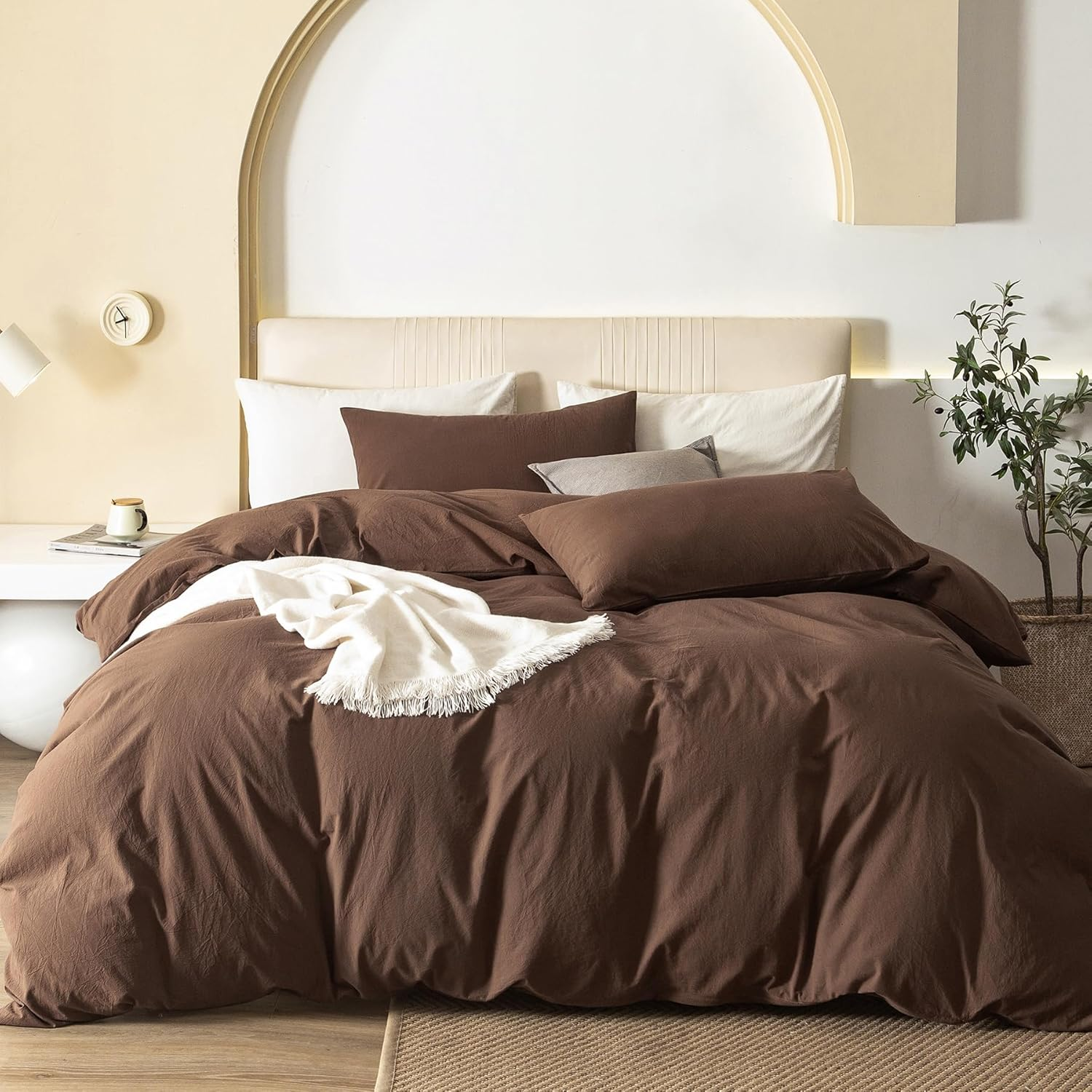 King Size Duvet Cover Set, 3-Piece - 100% Washed Cotton, Linen-Like Soft & Breathable with Zipper Closure, Includes 104X90 Inch Cover & 2 Pillowcases, Solid Chocolate Brown