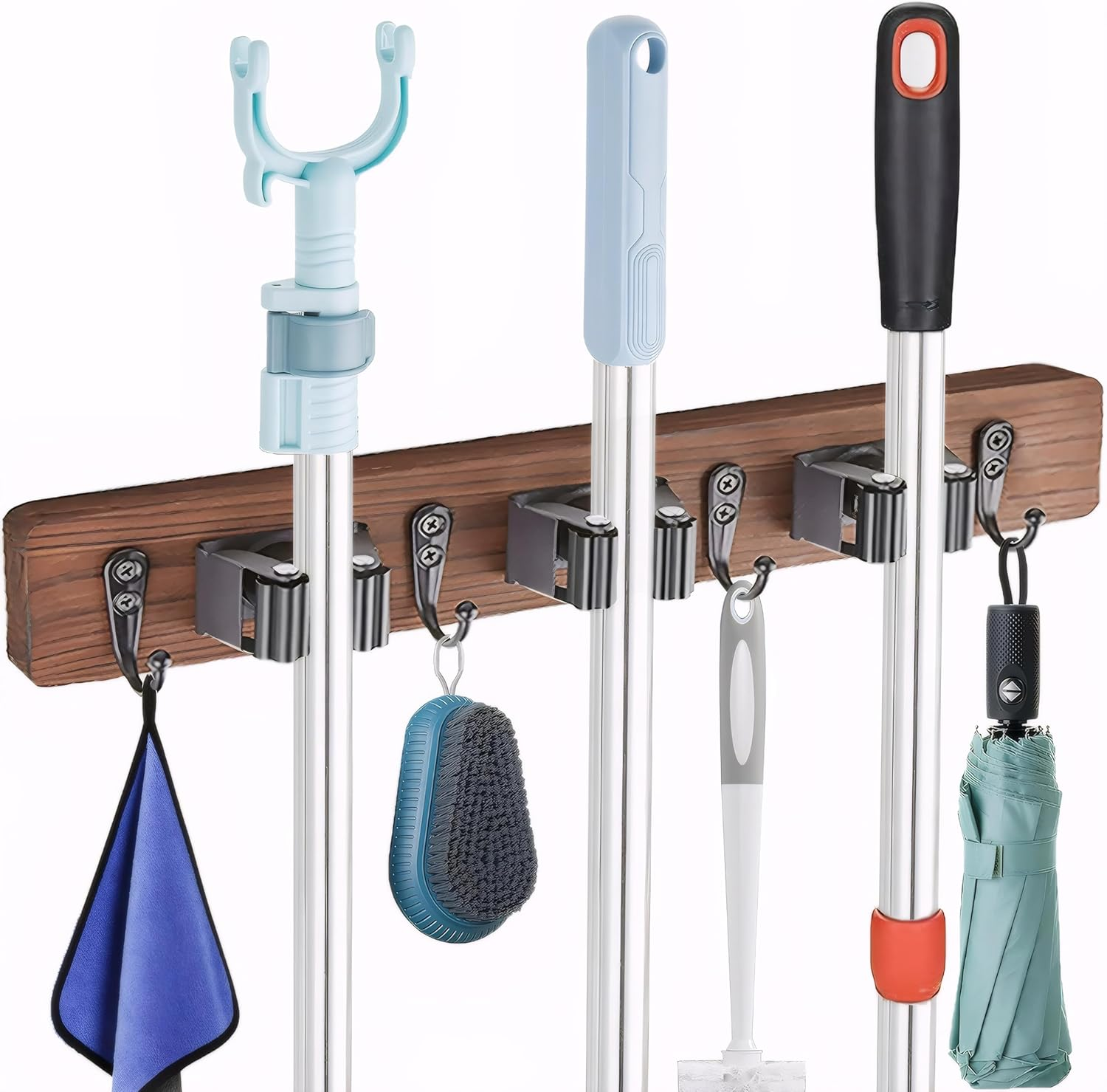 Mop and Broom Holder Wall Mount-Rustic Wood Broom Hanger Wall Mount | Laundry Room Organization and Storage Broom Organizer Wall Mount-Kitchen Decor Modern Farmhouse Wall Decor (Brown-3Slots/4Hooks)