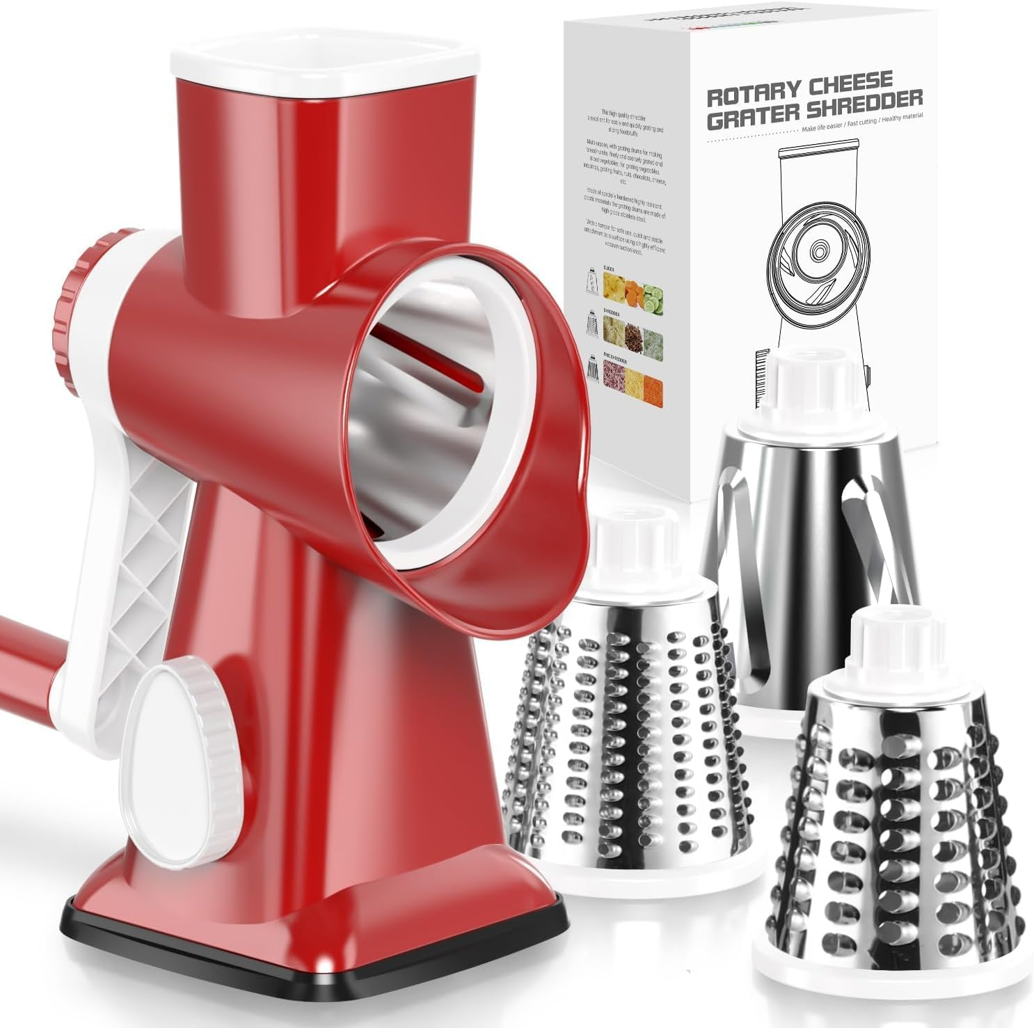 Rotary Cheese Grater, Cheese Shredder, Multifunction 5 in 1 Kitchen Manual Speed round Mandolin Food Slicer Vegetable Chopper, Potato Slicer, Grinder for Nut, Carrot, Radish, Cucumber (Red)