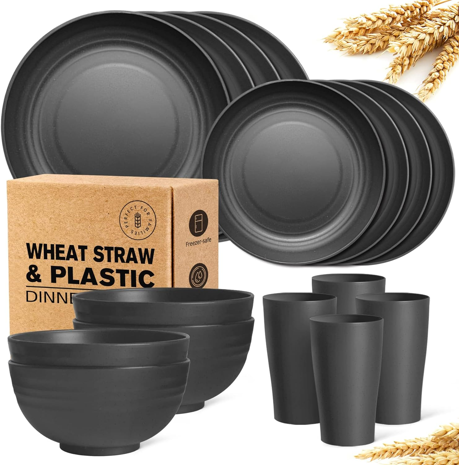 16-Piece Kitchen Plastic Wheat Straw Dinnerware Set, Service for 4, Dinner Plates, Dessert Plate, Cereal Bowls, Cups, Unbreakable Plastic Outdoor Camping Dishes, Black