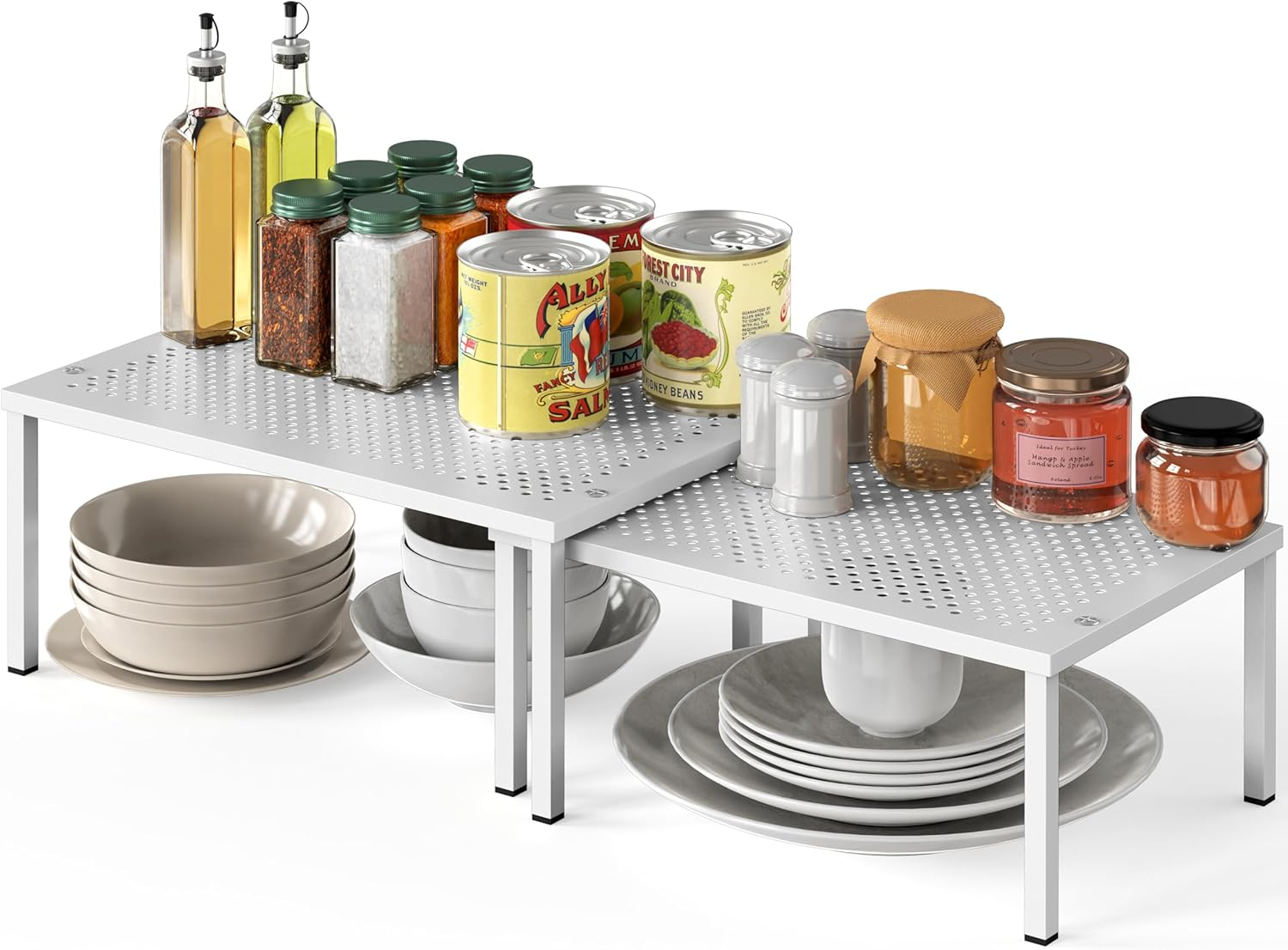 Expandable Stackable Kitchen Counter Shelf Organizer, White, Metal Top, 11.25