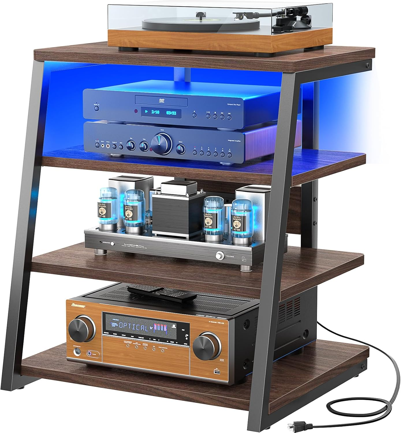 4-Tier AV Media Stand with Power Strips, Corner TV Stand with LED Lights, Rack Audio Tower with Adjustable Shelves, Corner Entertainment Center, 30'', Black Walnut