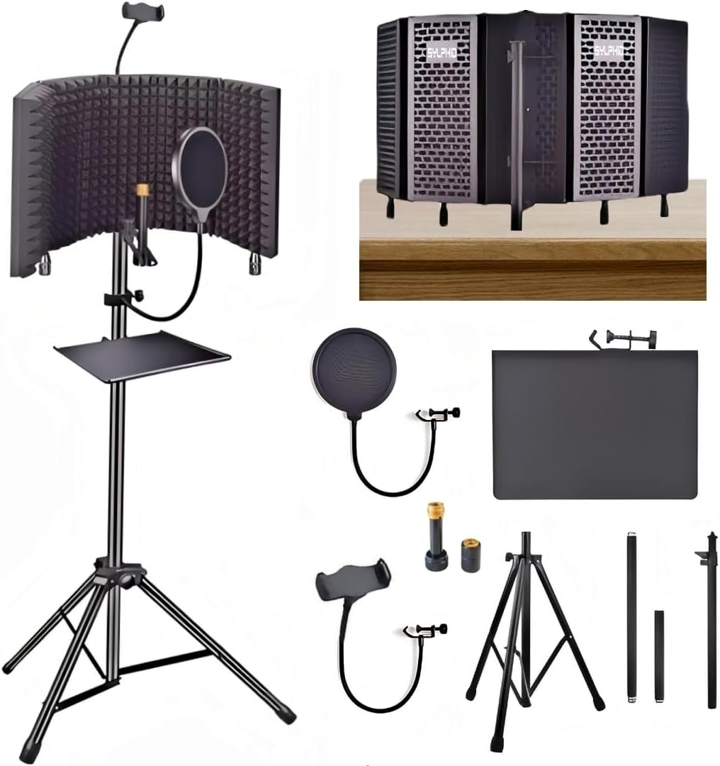 Microphone Isolation Shield with Pop Filter & Stand and Phone Clip, Foldable Triple Layer Sound Proofing, Studio Mic Cover for Recording, Podcasting, Streaming, Singing, Youtube Videos Black