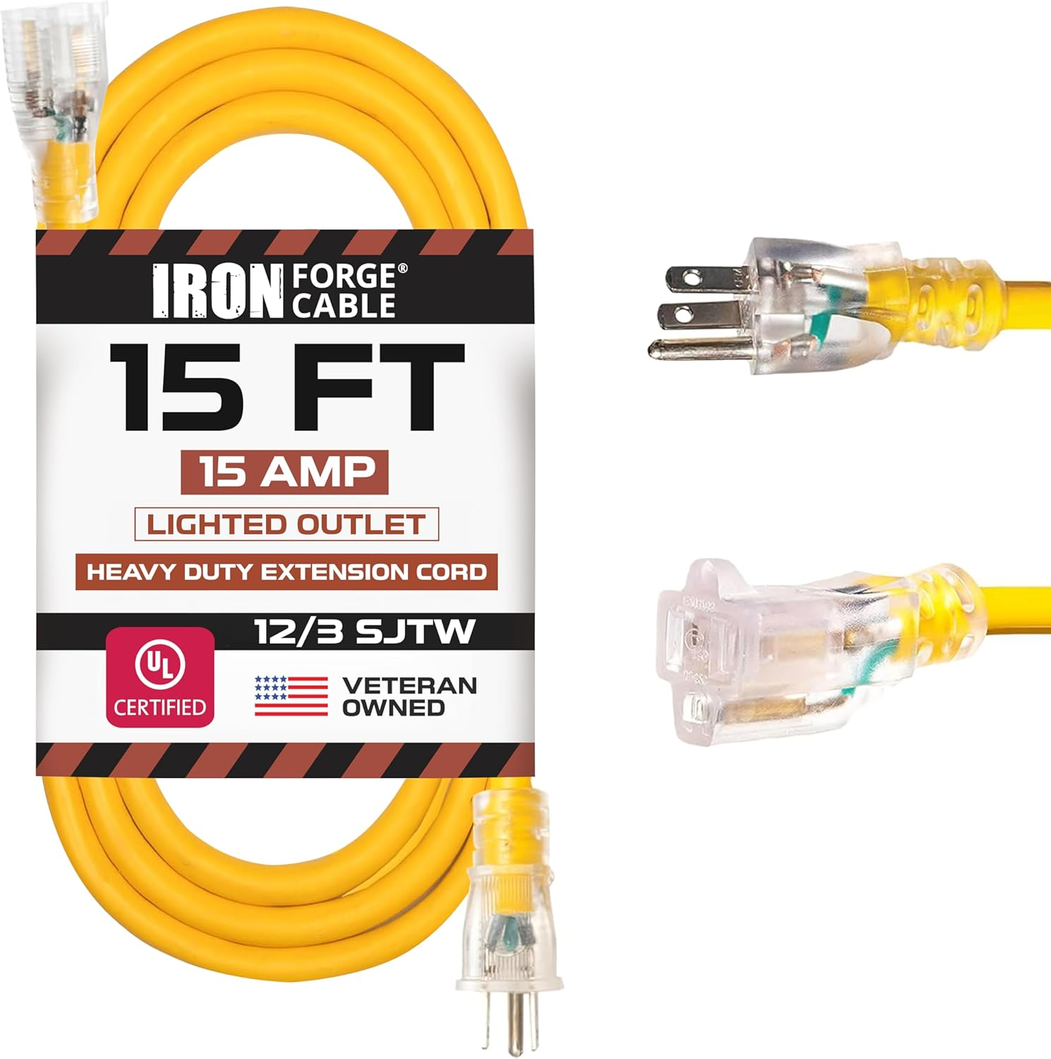 15 Foot Lighted Outdoor Extension Cord - 12/3 SJTW Heavy Duty Yellow Extension Cable with 3 Prong Grounded Plug for Safety, 15 AMP - Great for Garden and Major Appliances