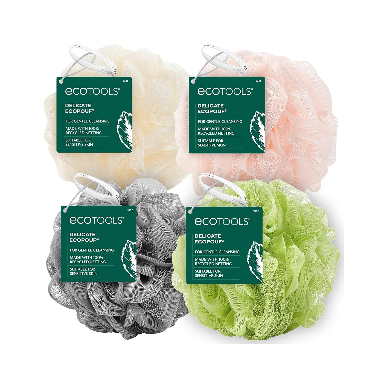 Ecotools Delicate Ecopouf 4 Pack, Loofah Sponge for Bath & Shower, Recycled Netting, Gentle Exfoliation, Pouf for Body Wash, Eco-Friendly Bath Accessory, Cruelty-Free, Color May Vary, (60G Each)