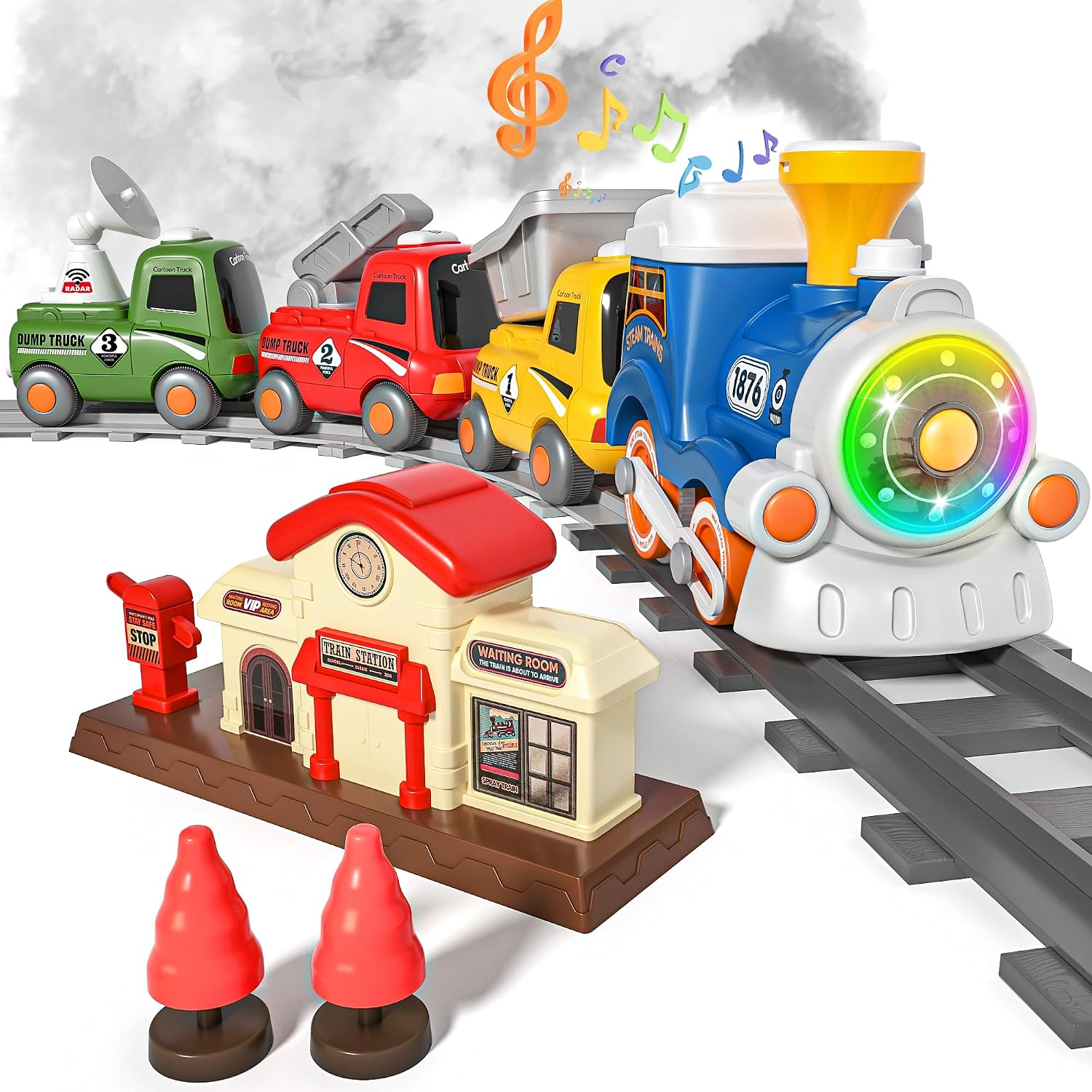Train Set for Toddlers W/Steam, Music & Lights - First Choo Choo Train for Toddlers, Electric Train Set for Kids, Magnetic Train Toys, Christmas Birthday Gifts for Boys Girls