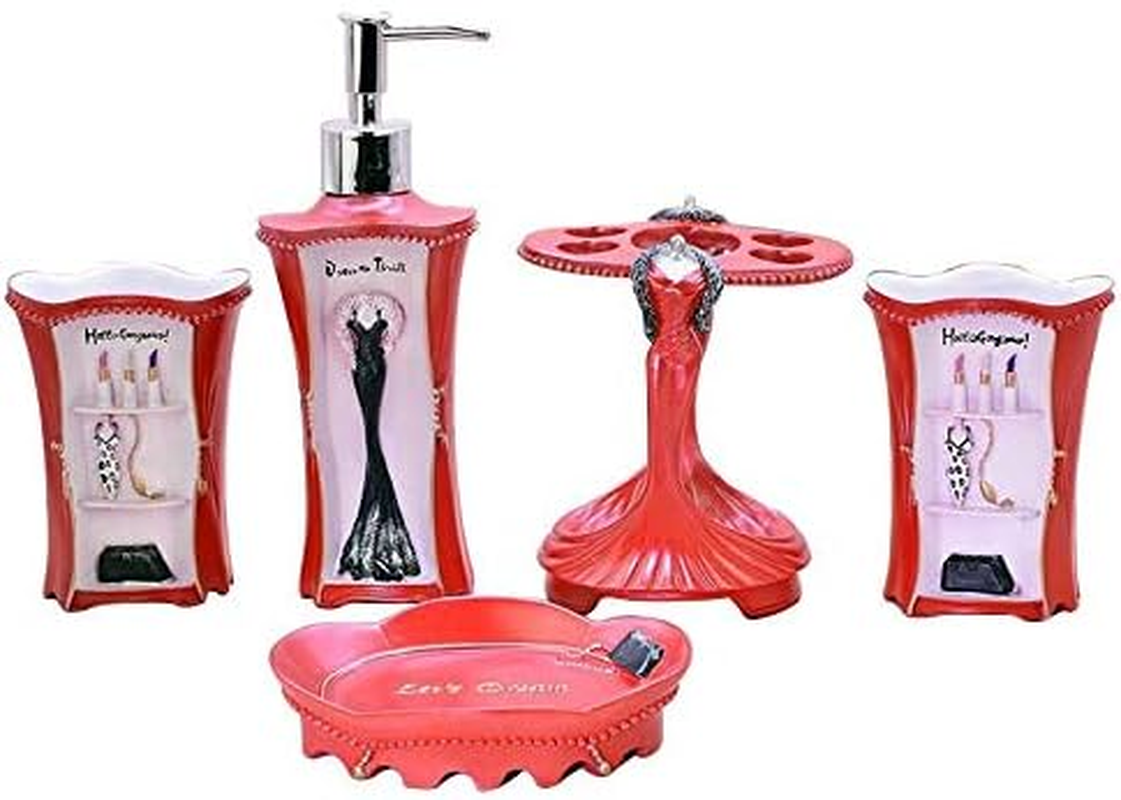 5 Piece Bathroom Accessories Set, Collection Bath Set Features Soap Dispenser, Toothbrush Holder, Tumbler, & Soap Dish (RED)