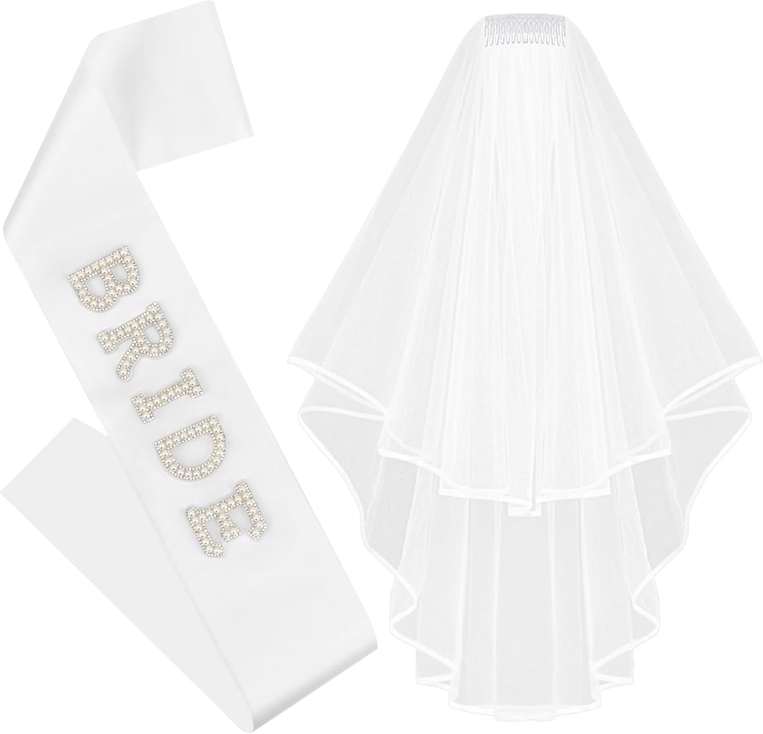 Chanaco Bride to Be Sash Bridal White Veil for Wedding 2Pcs Bride Pearl Satin Sash Bachelorette Party Decorations Double Edge Center Cascade Bridal Shower Veil with Comb Engagement Gifts