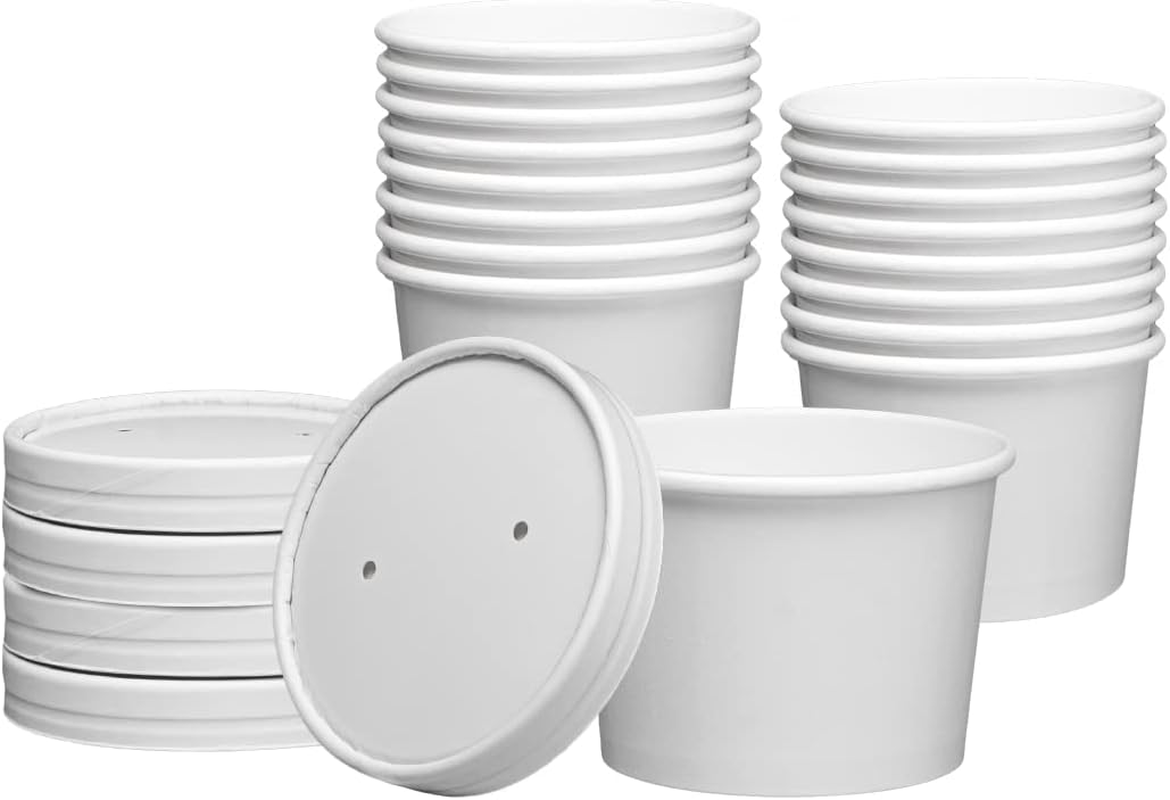 [8oz. - 25 Count White Paper Food Containers with Vented Lids - To Go Hot Soup Bowls, Disposable Ice Cream Cups, Ideal for Hot and Cold Foods - (Formerly Comfy Package)