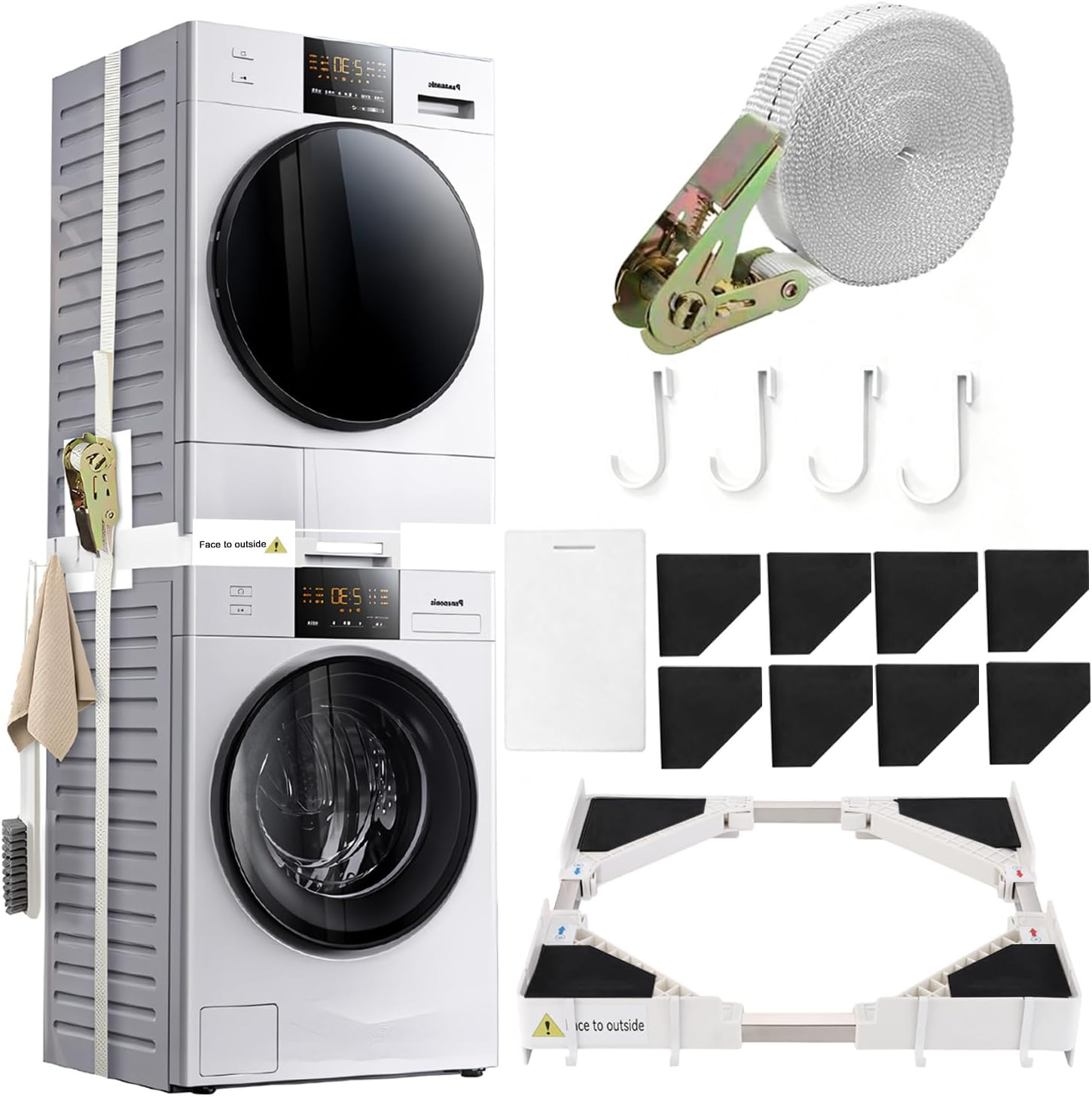 Washer Dryer Stacking Kit Universal Stackable Washing Machine Dryer Kit Length Range 45-70Cm/17.7''-27.5'' Adjustable Stacking Rack with 6M Ratchet Strap 4 Hanging Hooks Space-Saving Laundry Solution