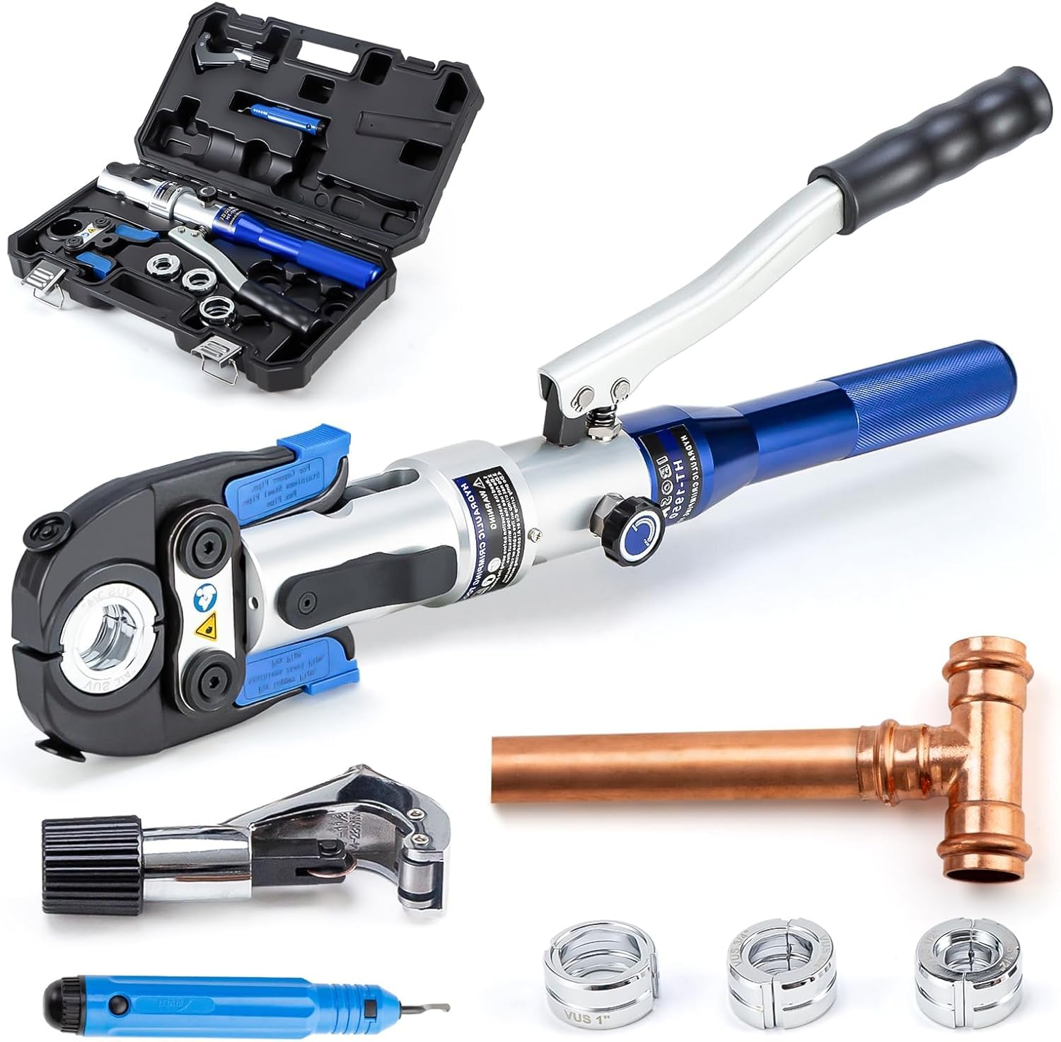 Copper Tube Fittings Hydraulic Pipe Crimping Tool with 1/2 Inch,3/4 Inch and 1 Inch Jaw Copper Pipe Propress Crimpers Pressing Pliers,Suit for Narrow Space and Tee Fitting
