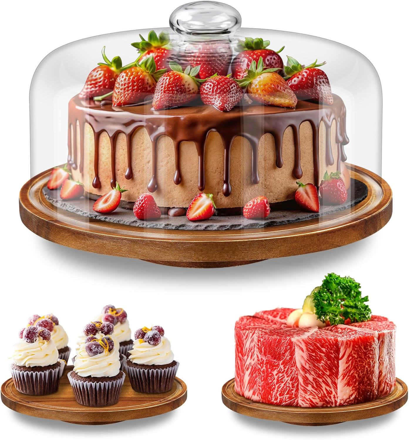 11IN Wood Cake Stand with Dome Lid, Rotating Cake Stand with Glass Dome- Cake Plate with Cover for Baking Gifts/Birthday Kitchen/Party/Weddings