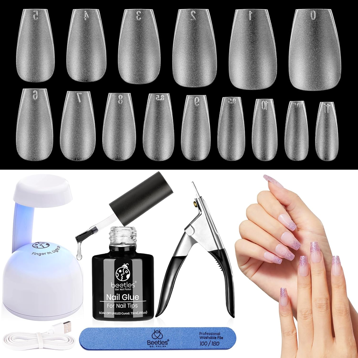 Nail Extension Kit,240 Pcs Pre Shaped Short Coffin Nail Tips Full Matte Gelly Tips&5 in 1 Nail Glue Base Coat Innovative Uv Led Lamp for DIY Easy Home Manicure Gift