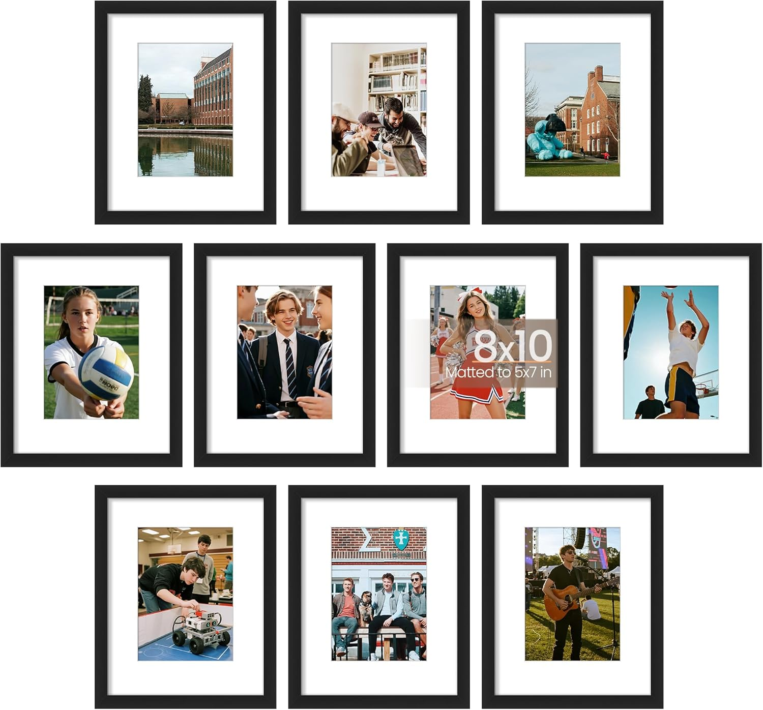 8X10 Picture Frame Set of 10, Display Pictures 5X7 with Mat or 8X10 Without, Multi Photo Frames Collage for Wall or Tabletop Display, Black
