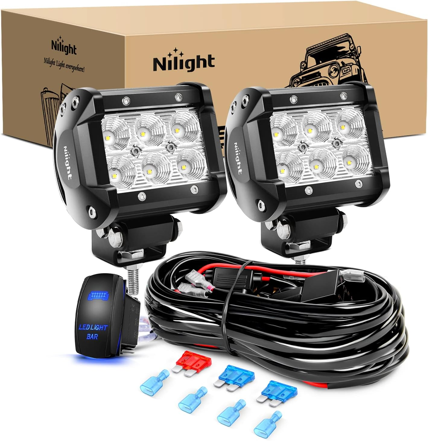 Nilight LED Light Bar 2PCS 18W Flood off Road Lights 12V 5Pin Rocker Switch Wiring Harness Kit, 2 Years Warranty, Clear,White