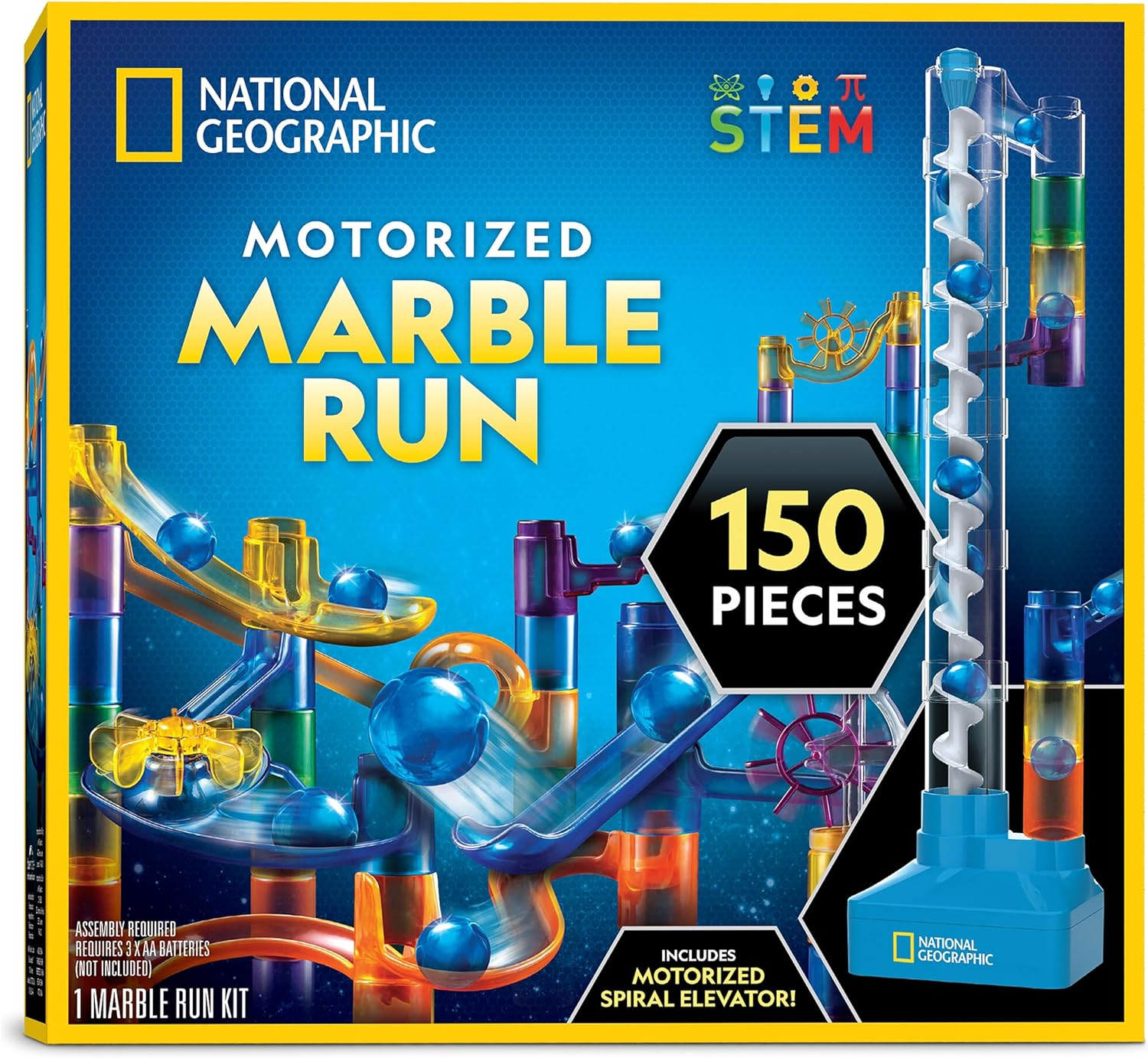 National Geographic 150-Piece Motorized Marble Run Kit with Spiral Lift, 30 Marbles and Learning Guide