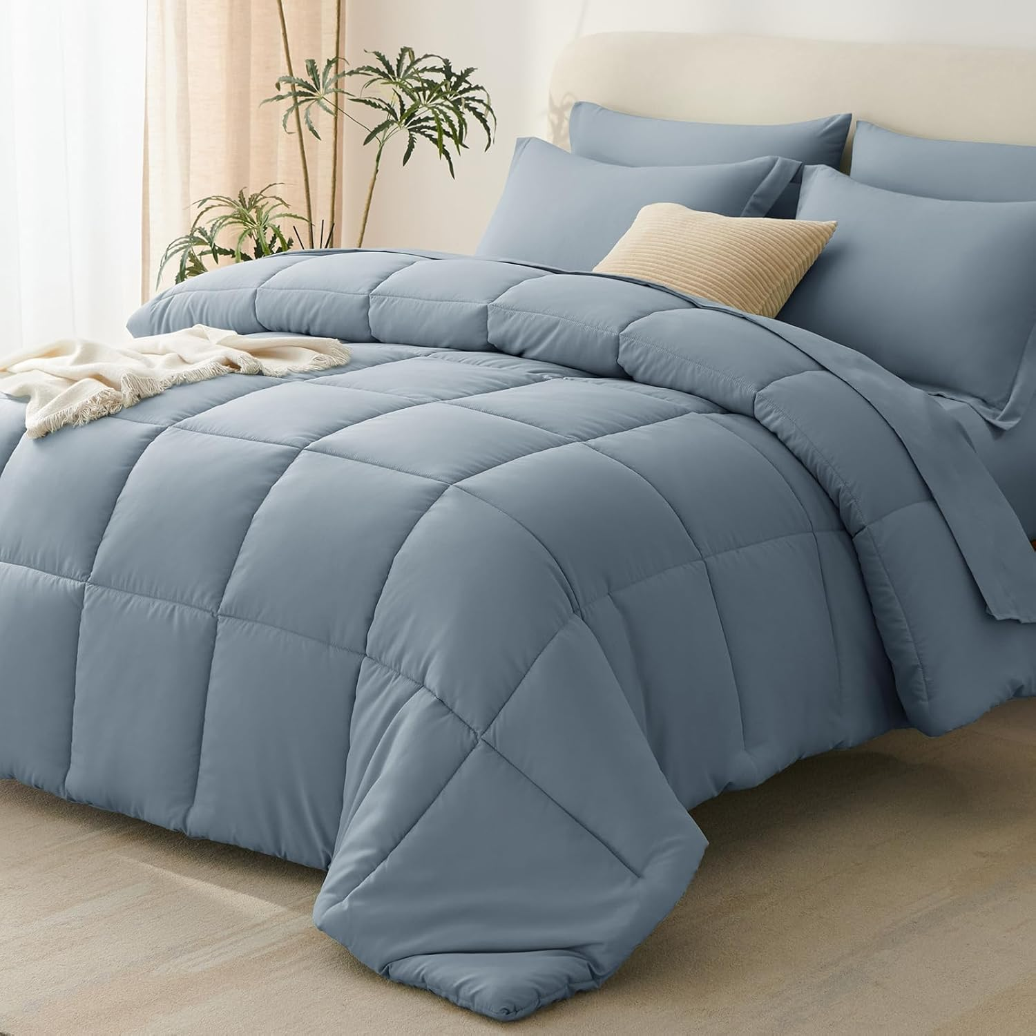 Queen Comforter Set Grayish Blue, 7 Pieces Bed in a Bag Queen, All Season Breathable Bedding Sets,Oeko-Tex Certified Bed Set with down Alternative Comforter, Sheets, Pillowcases & Pillow Shams