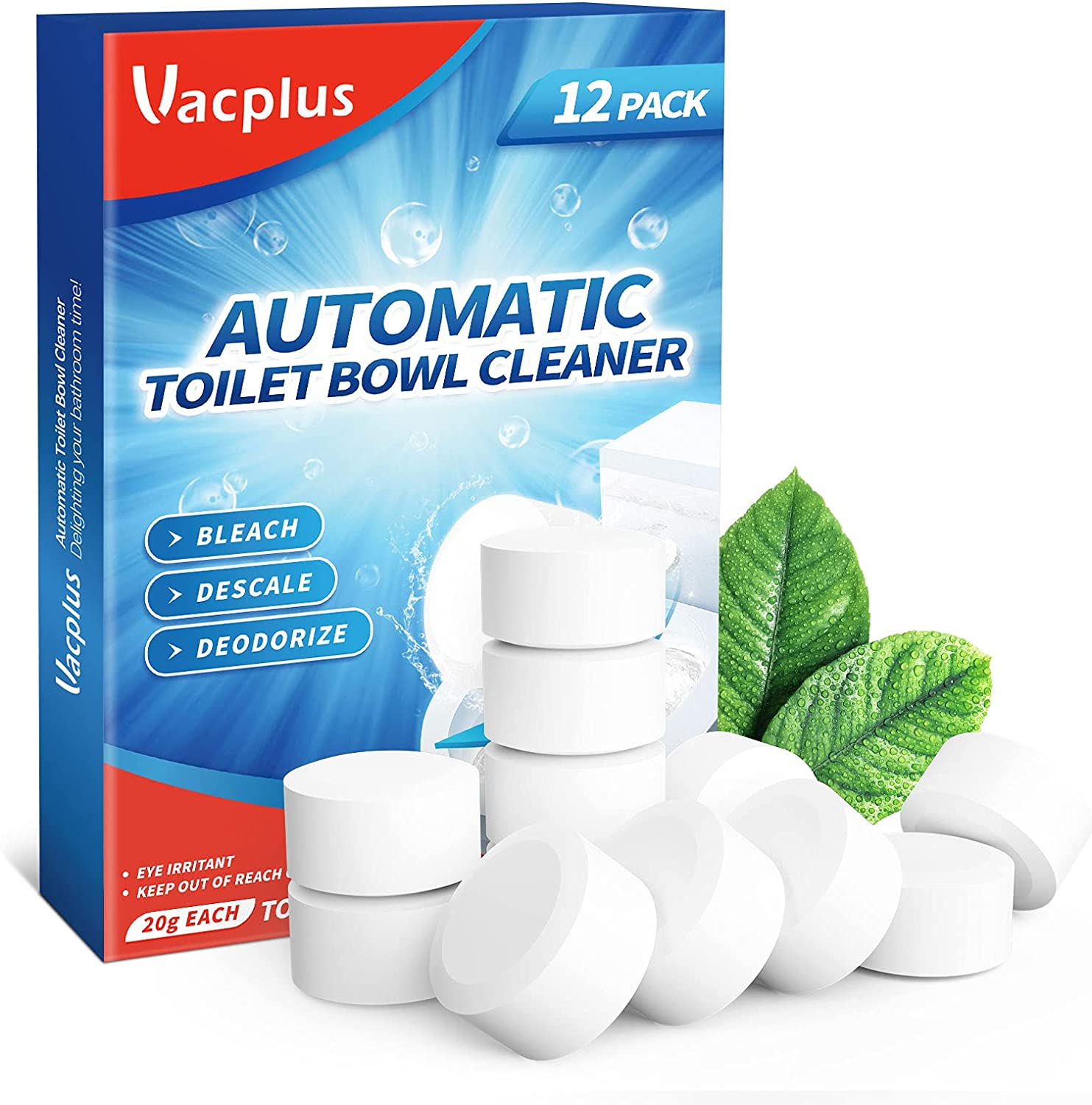 Toilet Bowl Cleaner Tablets 12 PACK, Automatic Toilet Bowl Cleaners with Bleach for Deodorizing and Descaling, Bathroom Cleaner against Tough Stains
