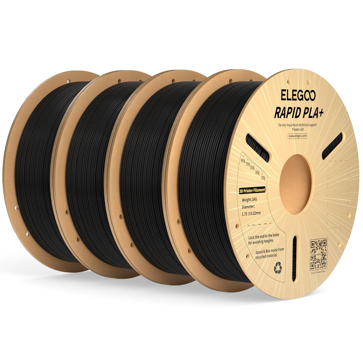 Rapid PLA plus Filament 1.75Mm Black 4KG, PLA+ 3D Printer Filament for 30-600 Mm/S High Speed Printing, Dimensional Accuracy +/- 0.02 Mm, 4 Pack 1Kg Spool(2.2Lbs)